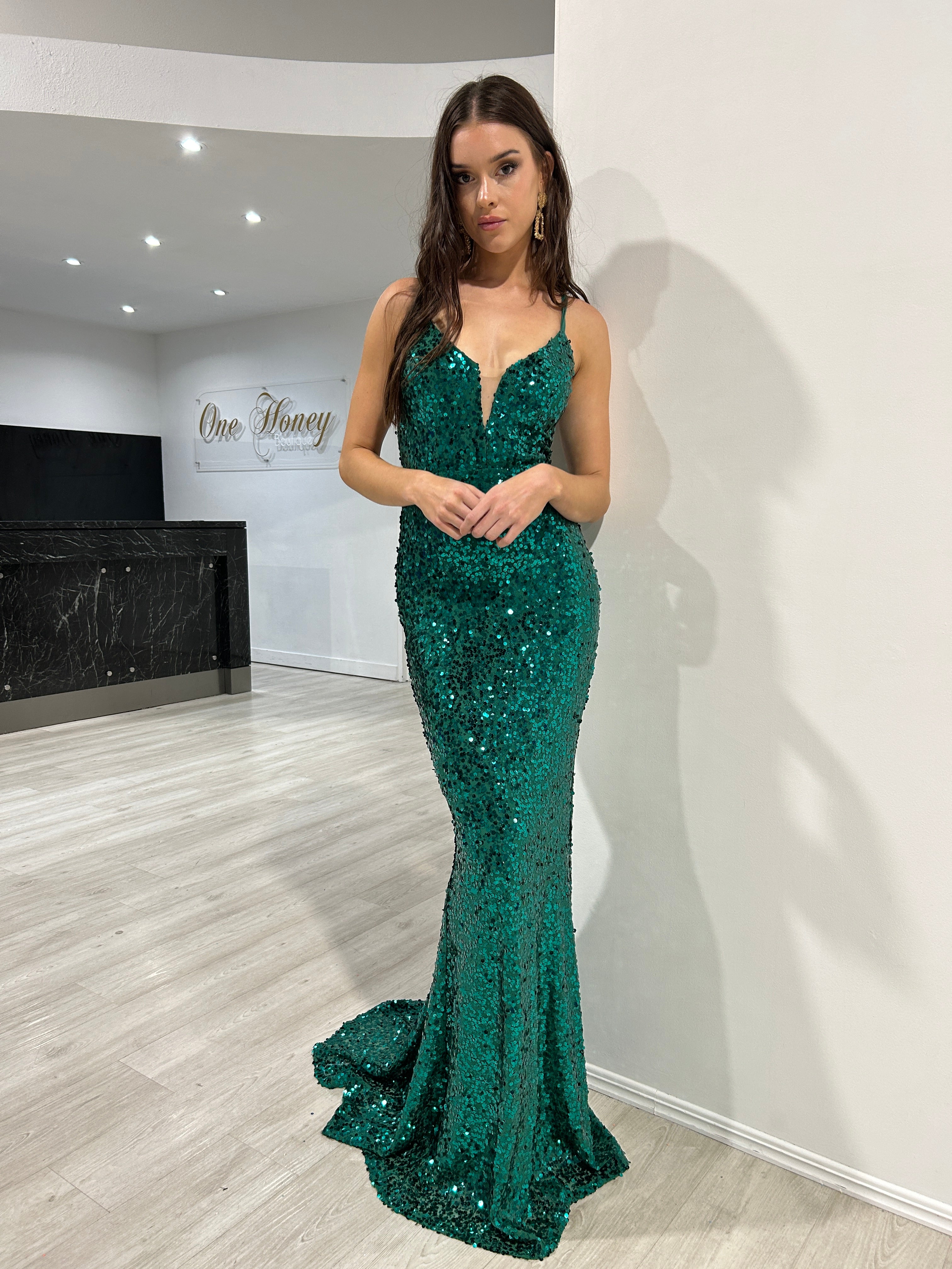 Honey Couture LILTH Emerald Green Sequin Lace Up Back Mermaid Gown Dress