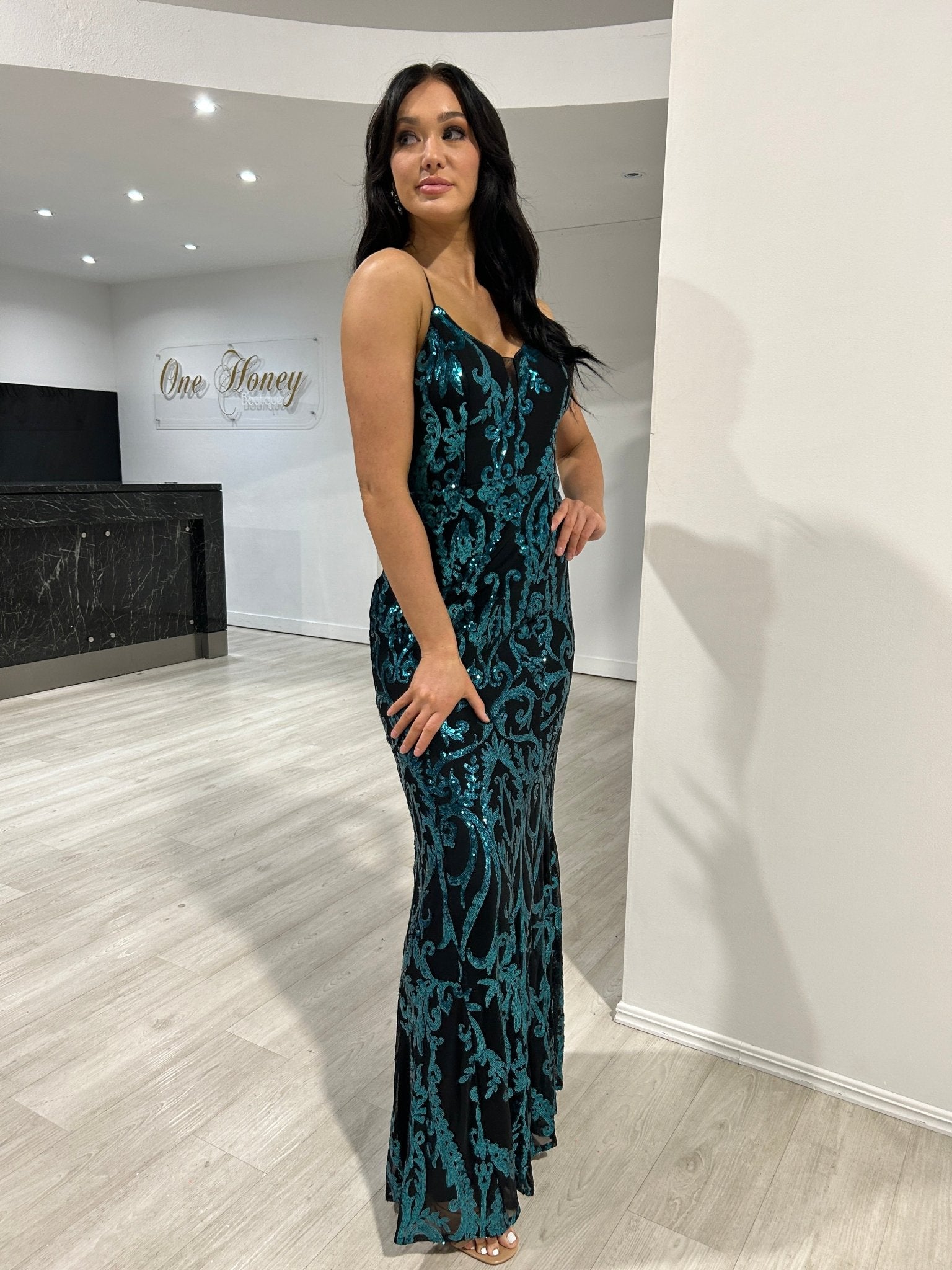 Honey Couture CARTIER Black & Emerald Green Sequin Pattern Formal Dress in Australia | One Honey Boutique