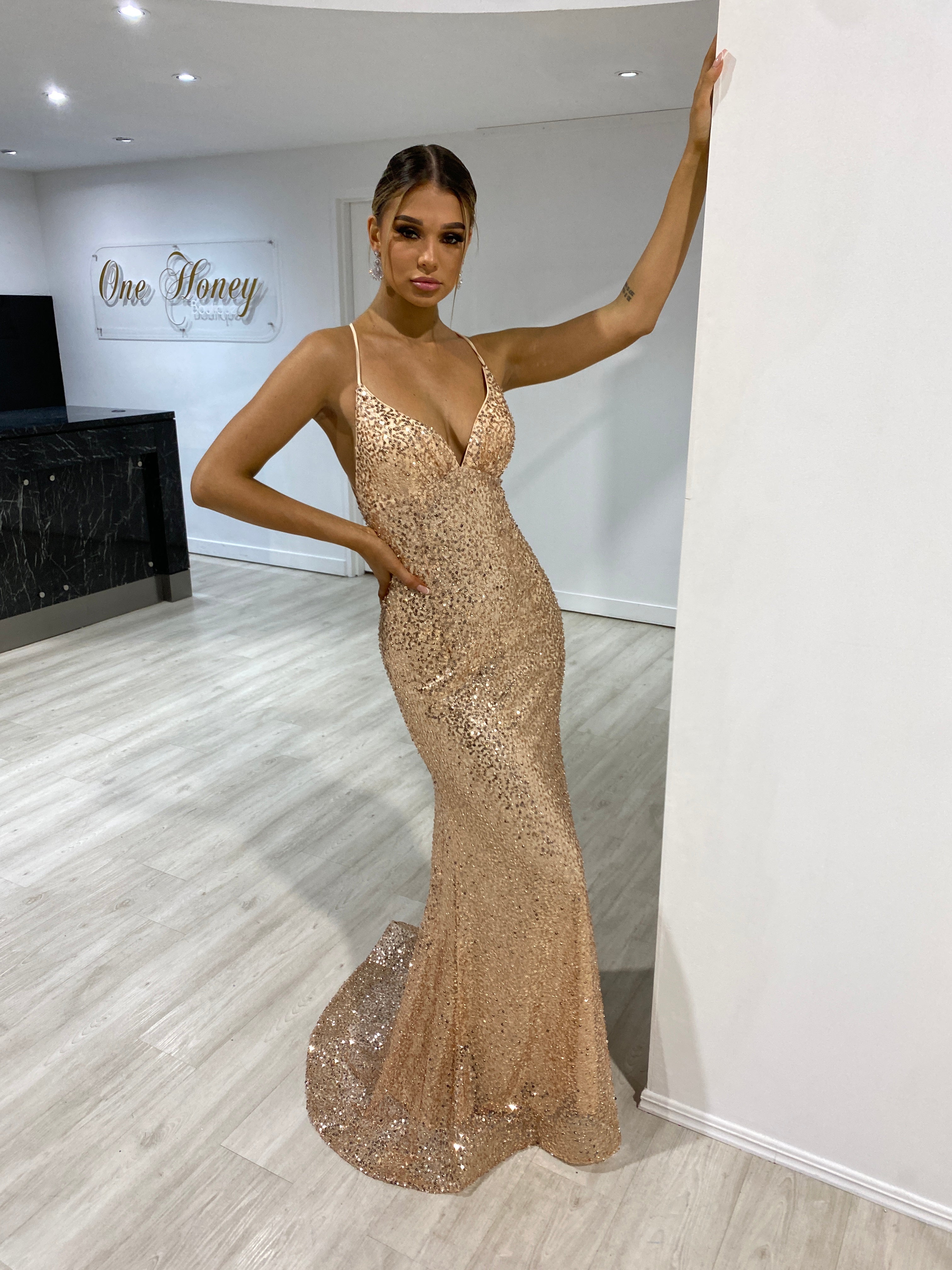 DEVINA Sequin Low Back Corset Dress featuring deep V neckline, stunning sequin fabric. Perfect evening gown from Brisbane to Gold Coast.