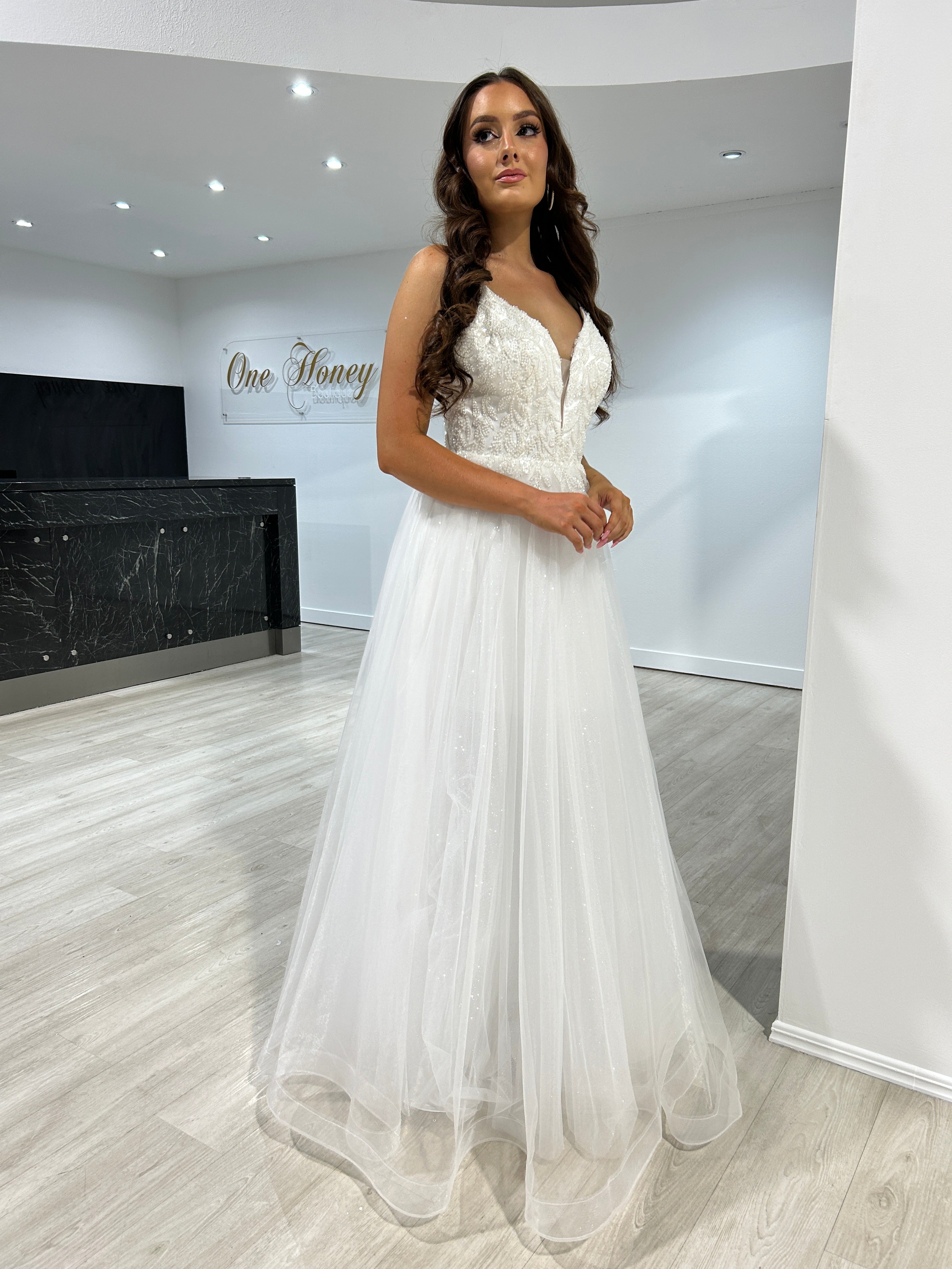 Honey Couture REGAN Off White Beaded Tulle Skirt Formal Dress