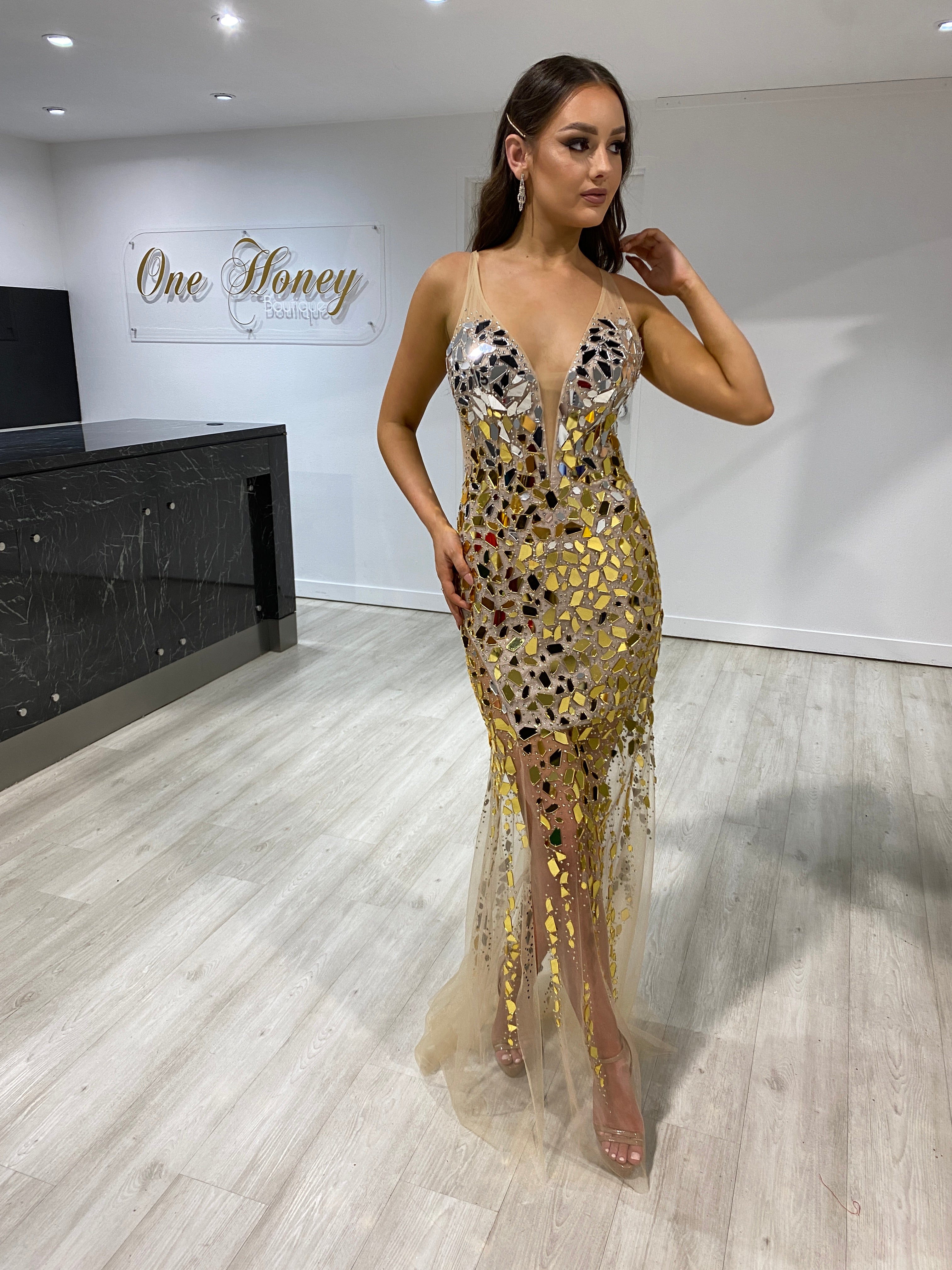 Honey Couture SAPPHIRE Mirror Mesh Formal Gown Dress