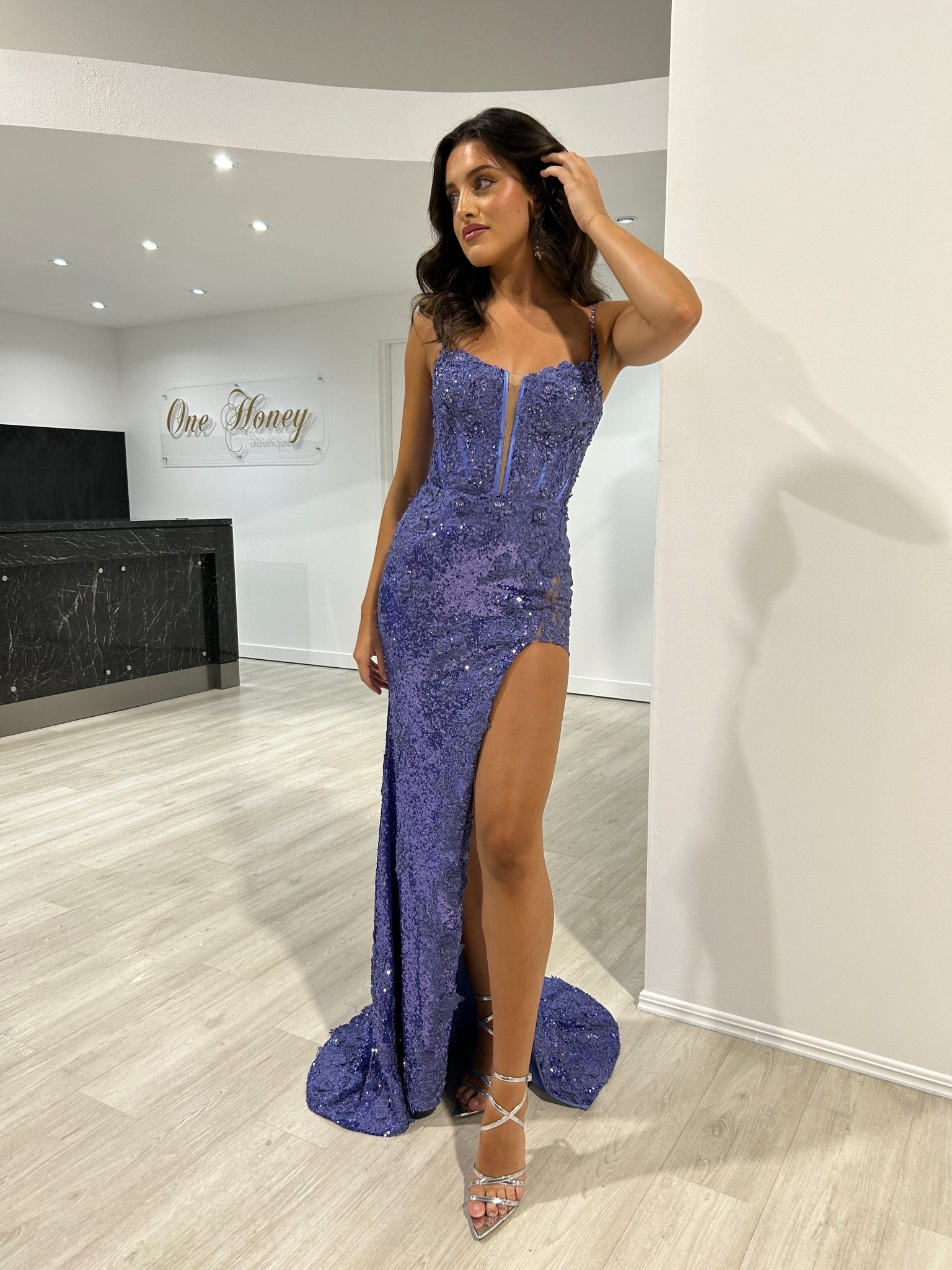 Sherri Hill 54838 Periwinkle Beaded Sequin Corset Leg Split Formal Dress in Australia | One Honey Boutique
