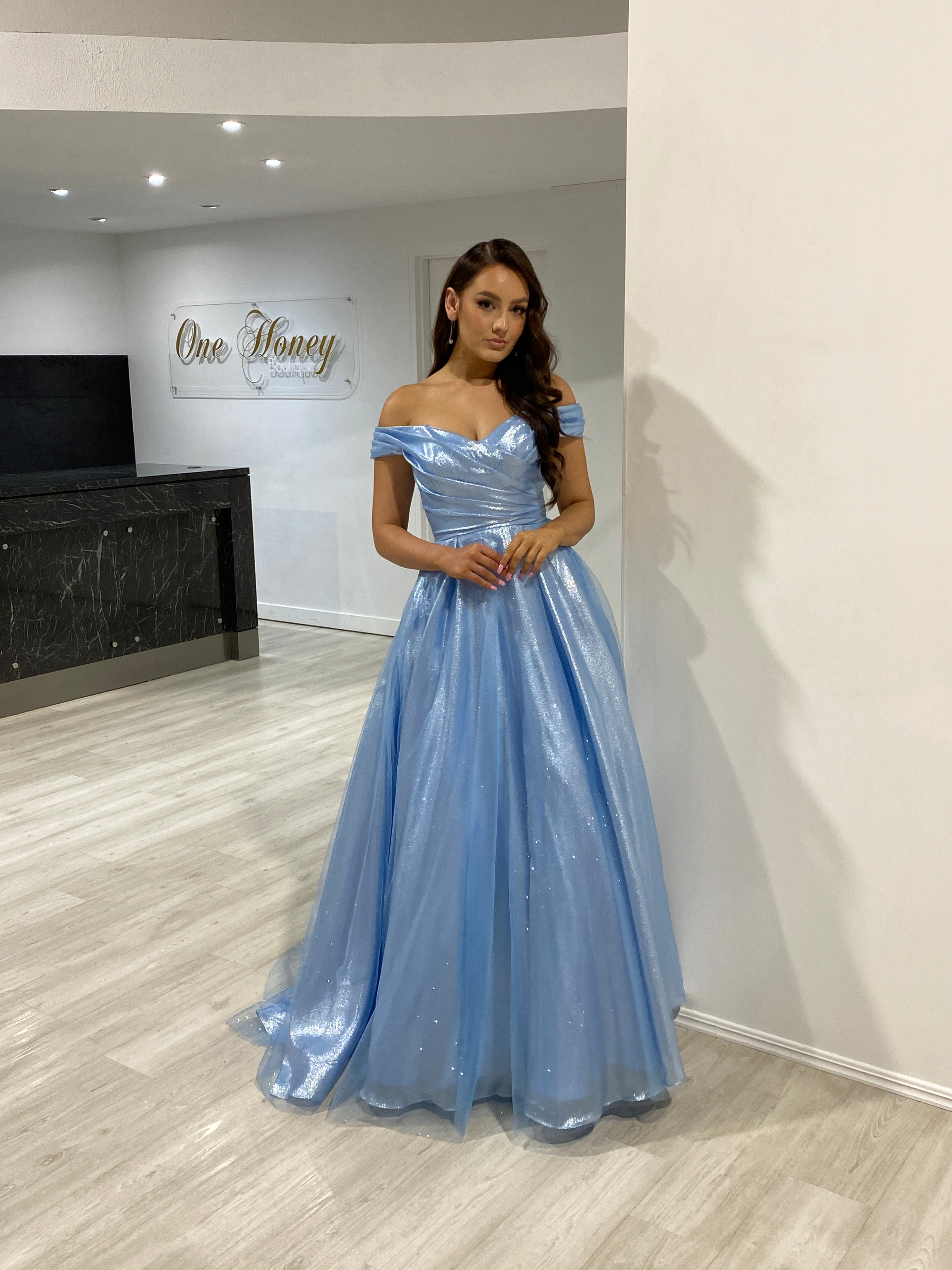 ARIANA Shimmer Off Shoulder Ballgown with sweetheart neckline and glitter organza in blue, formal dress from Brisbane to Gold Coast.