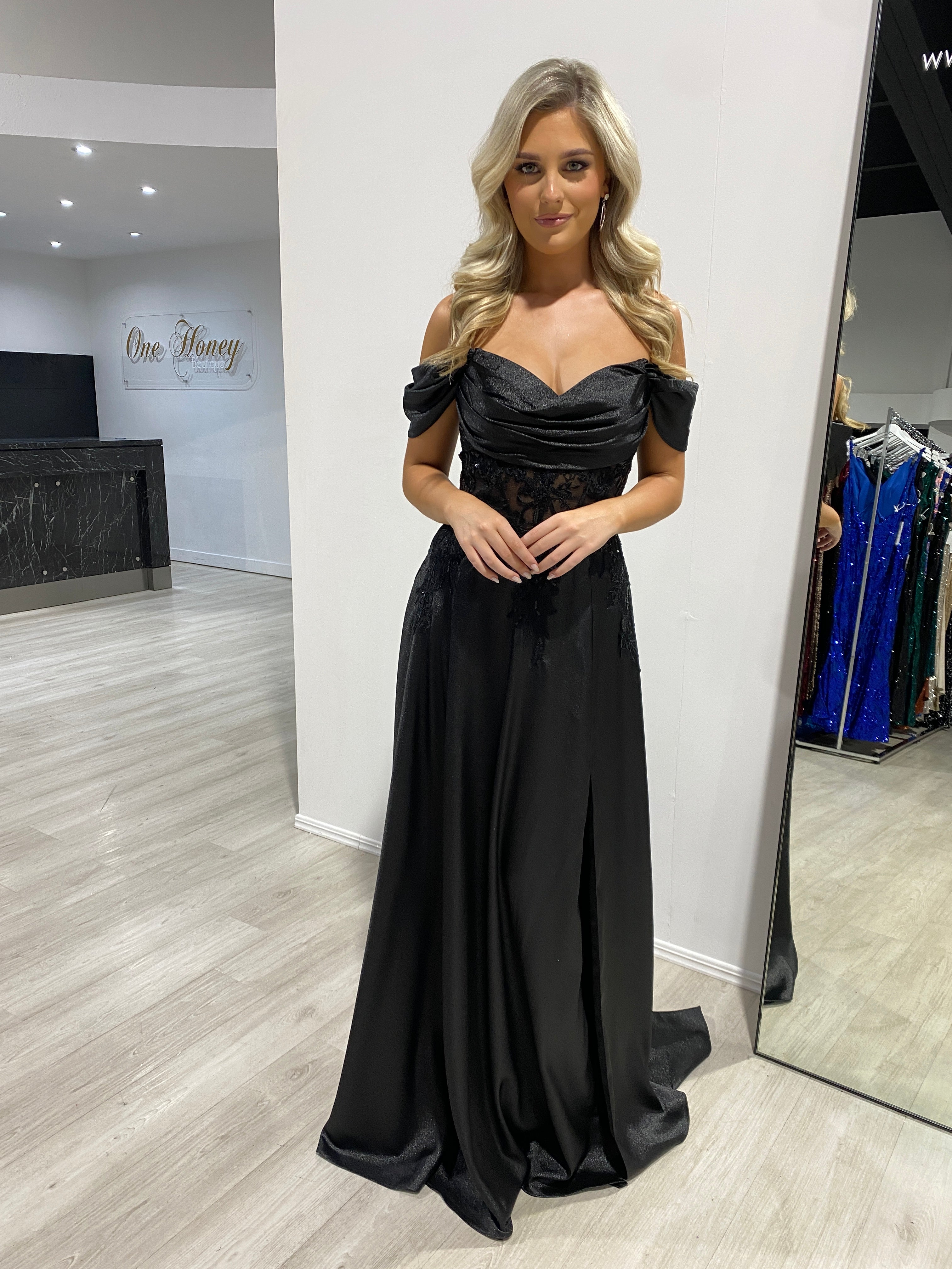 MARIKA beaded off-the-shoulder black satin A-line corset formal dress featuring a flattering silhouette. Perfect for proms or galas. Brisbane to Gold Coast.