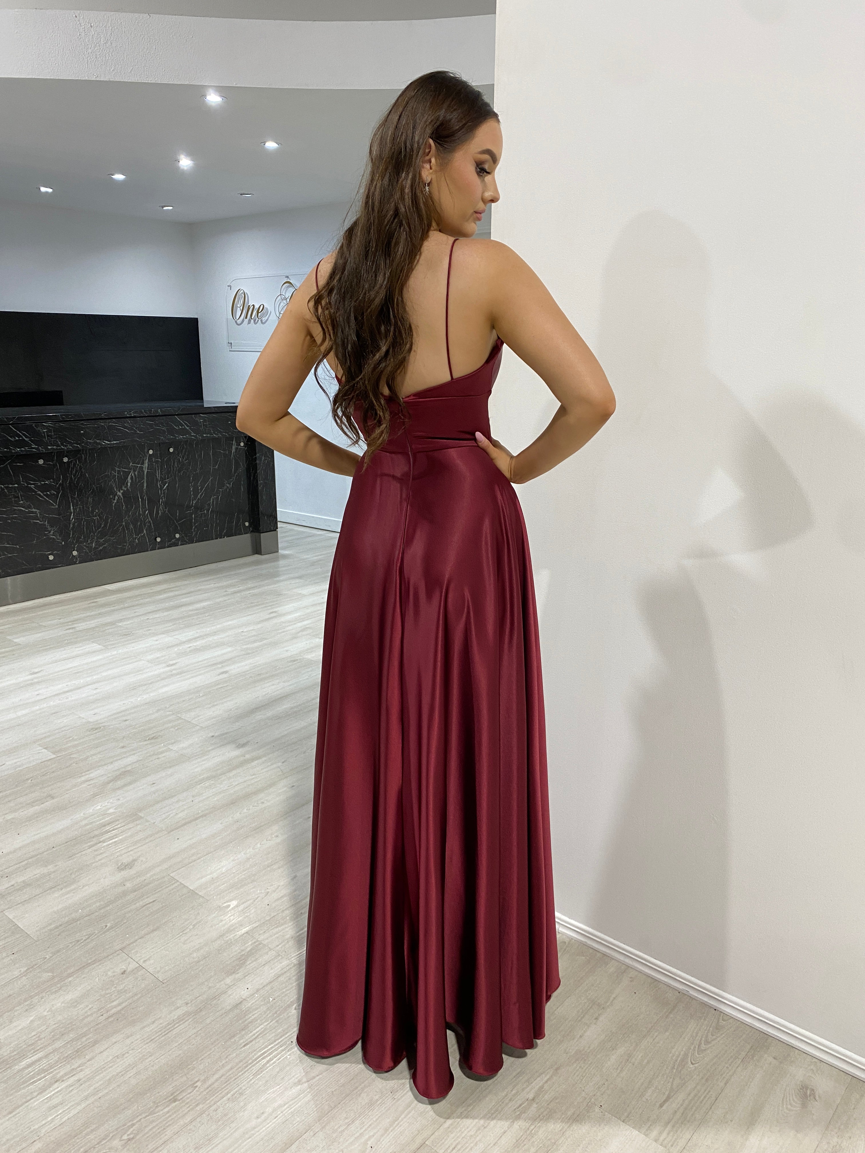 KAY Silky A Line Bridesmaid Dress with thin straps and satin fabric, shown in elegant burgundy, perfect for formal events, Brisbane to Gold Coast.