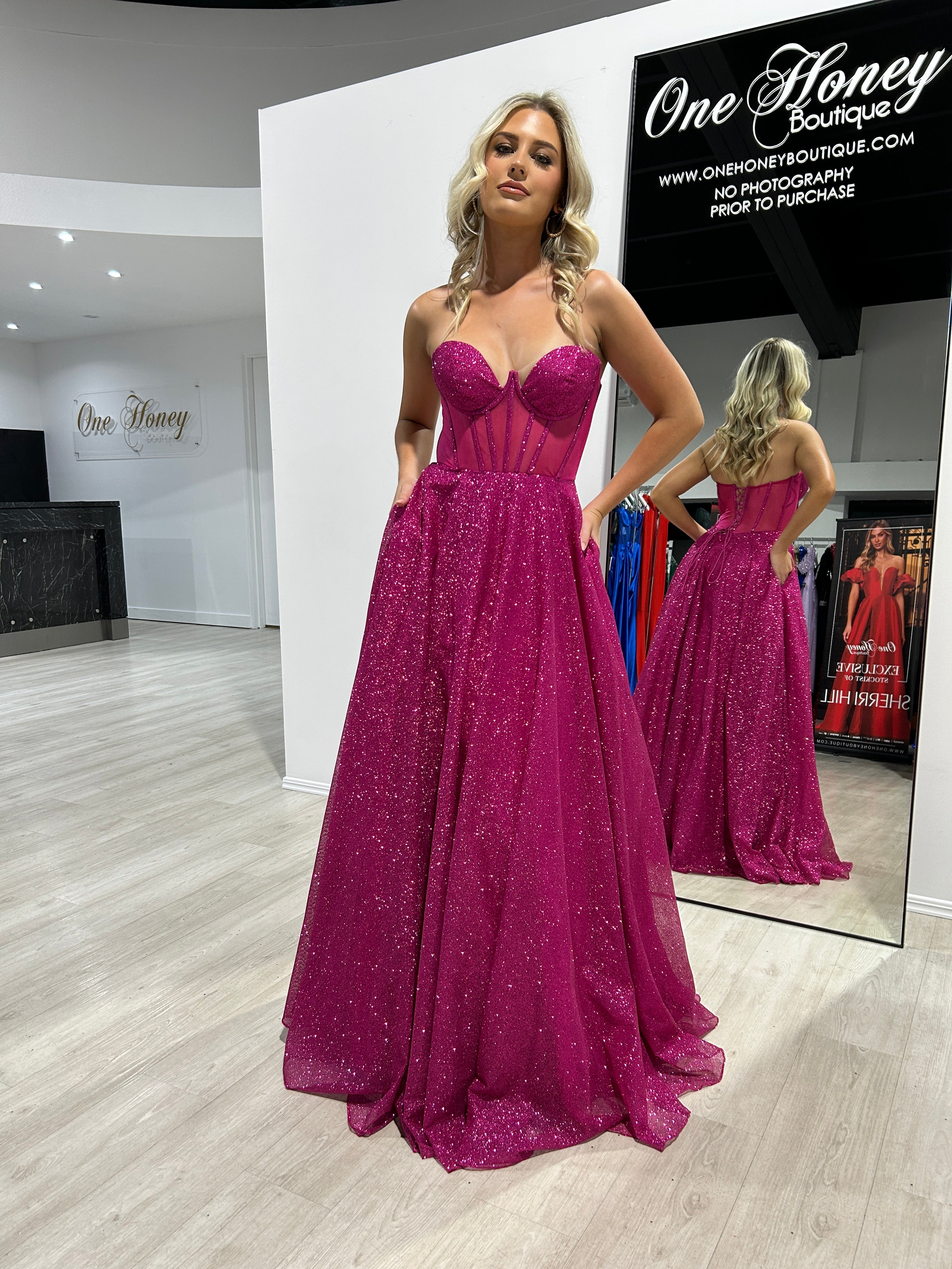 ALOMA Glitter Corset Strapless Formal Dress with sheer boned bodice. Evening gown perfect for Brisbane to Gold Coast.