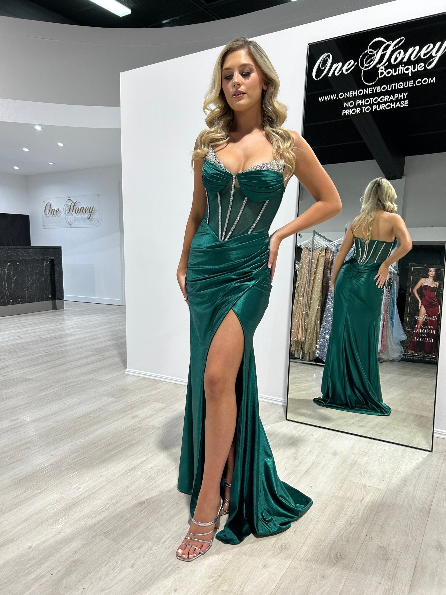 MADAM Strapless Satin Beaded Detail Corset Bustier Formal Dress in Australia | One Honey Boutique