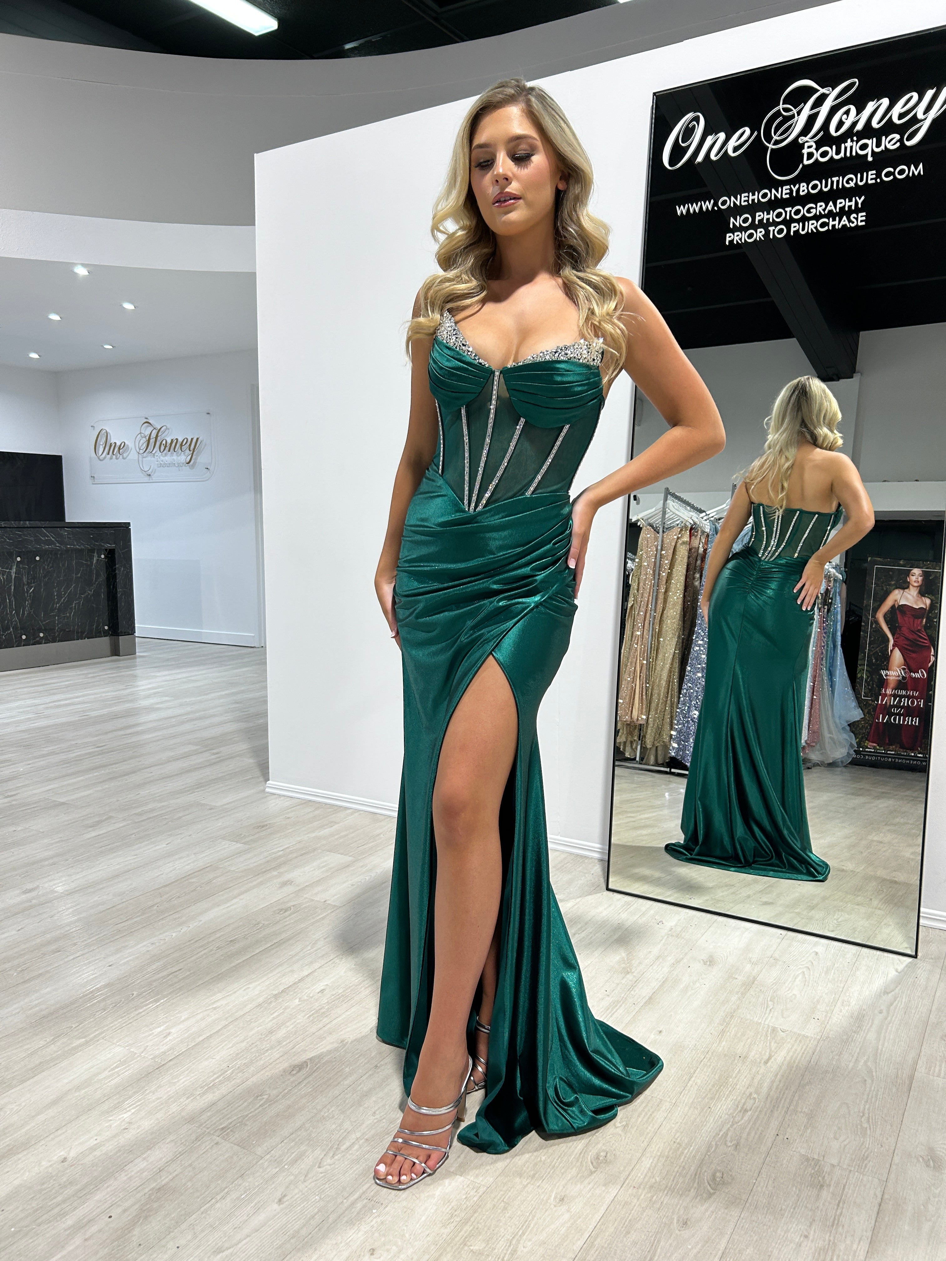 Honey Couture MADAM Deep Emerald Strapless Satin Beaded Detail Corset Bustier Formal Dress