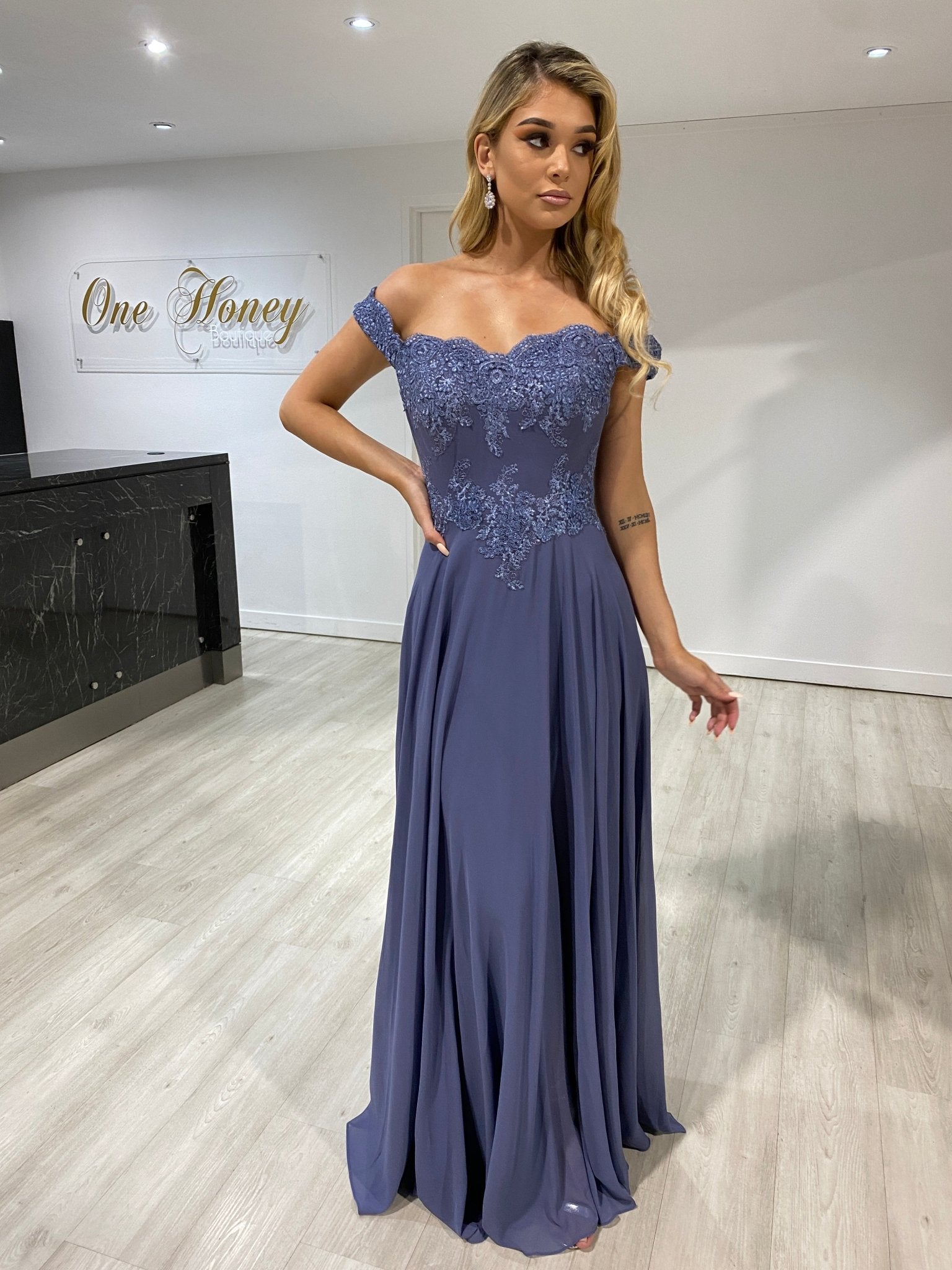 CARMEN Lace Applique Chiffon Bridesmaid Formal Dress in Australia | One Honey Boutique