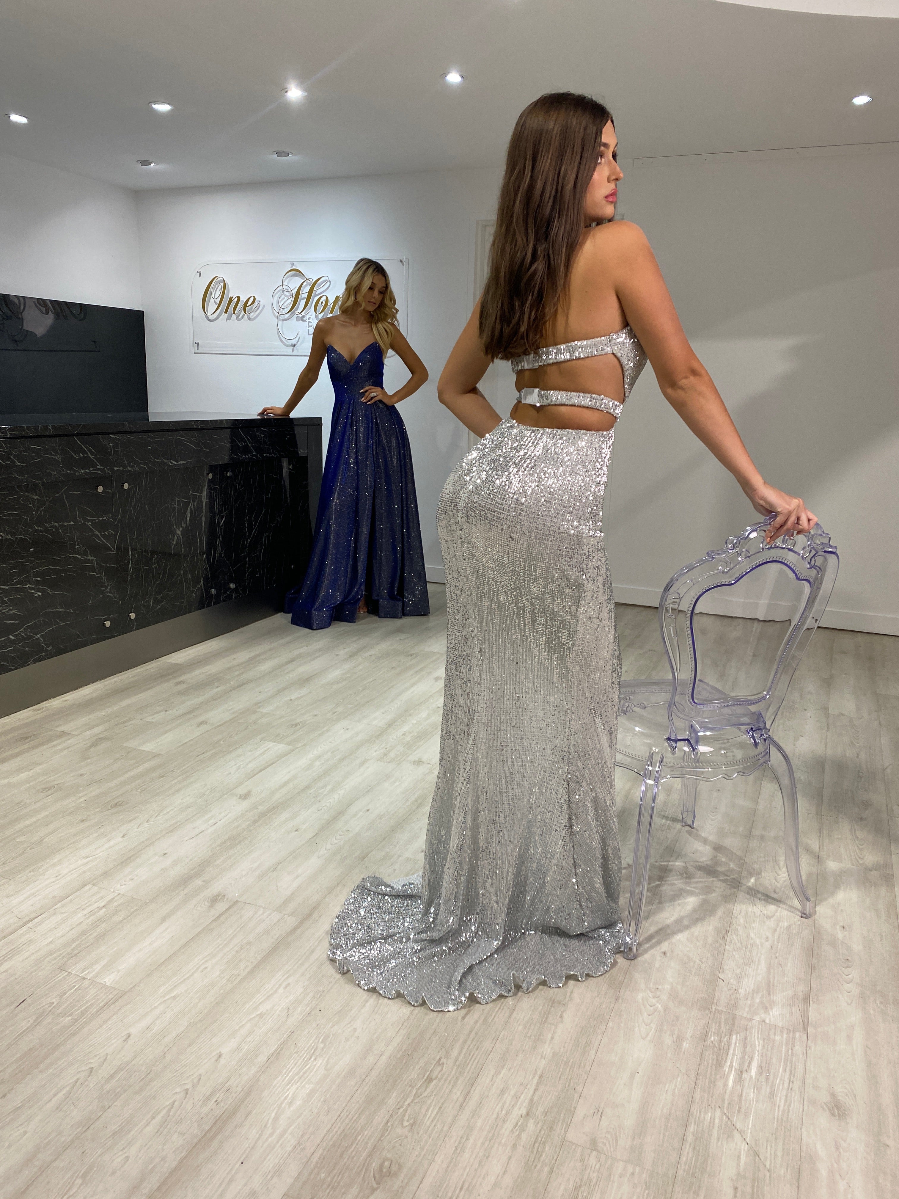 Honey Couture ELISE Silver Sequin Low Back Mermaid Evening Gown Dress