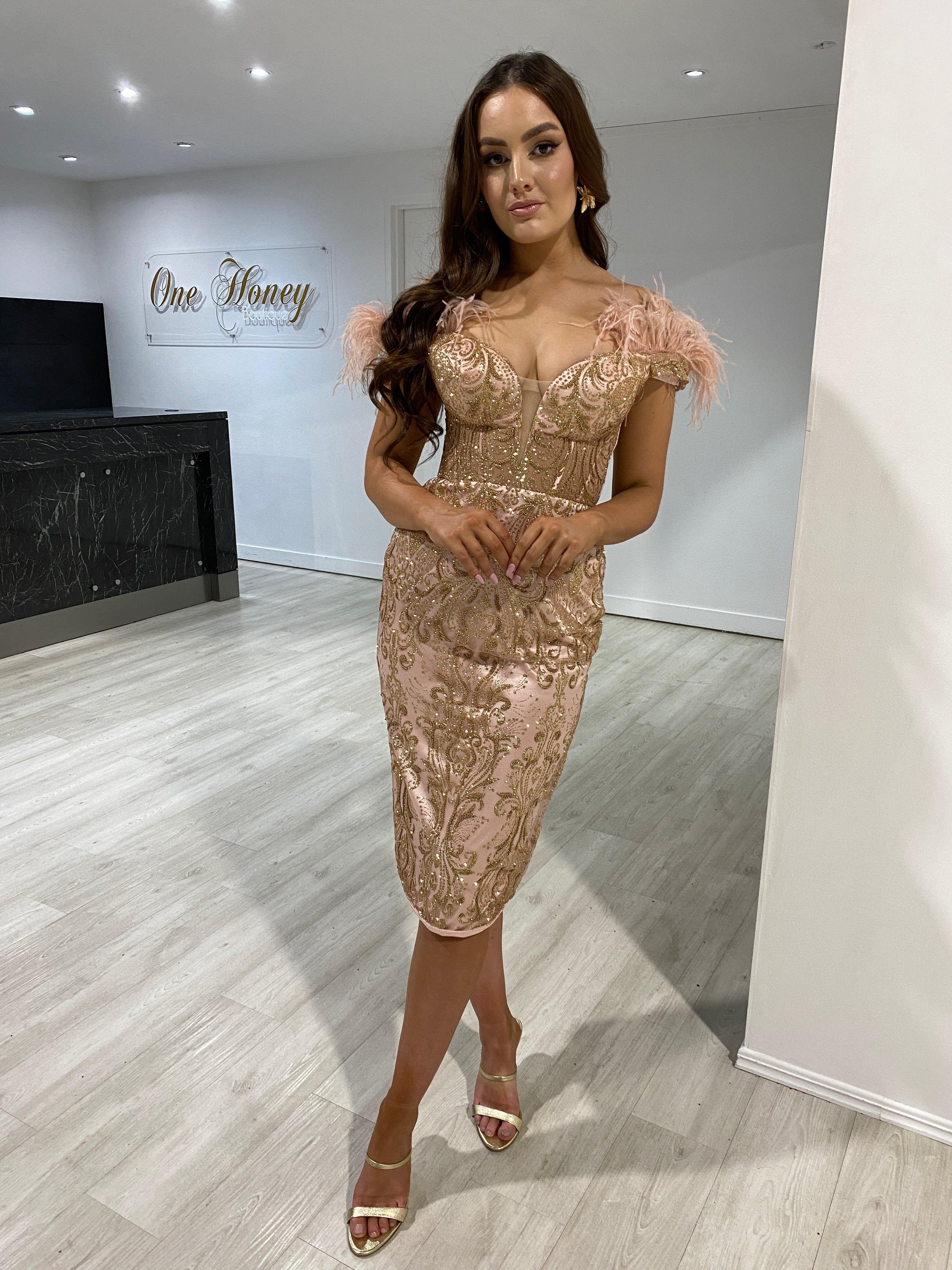 Honey Couture ENVY Rose Gold Glitter Feather Off Shoulder Midi Dress