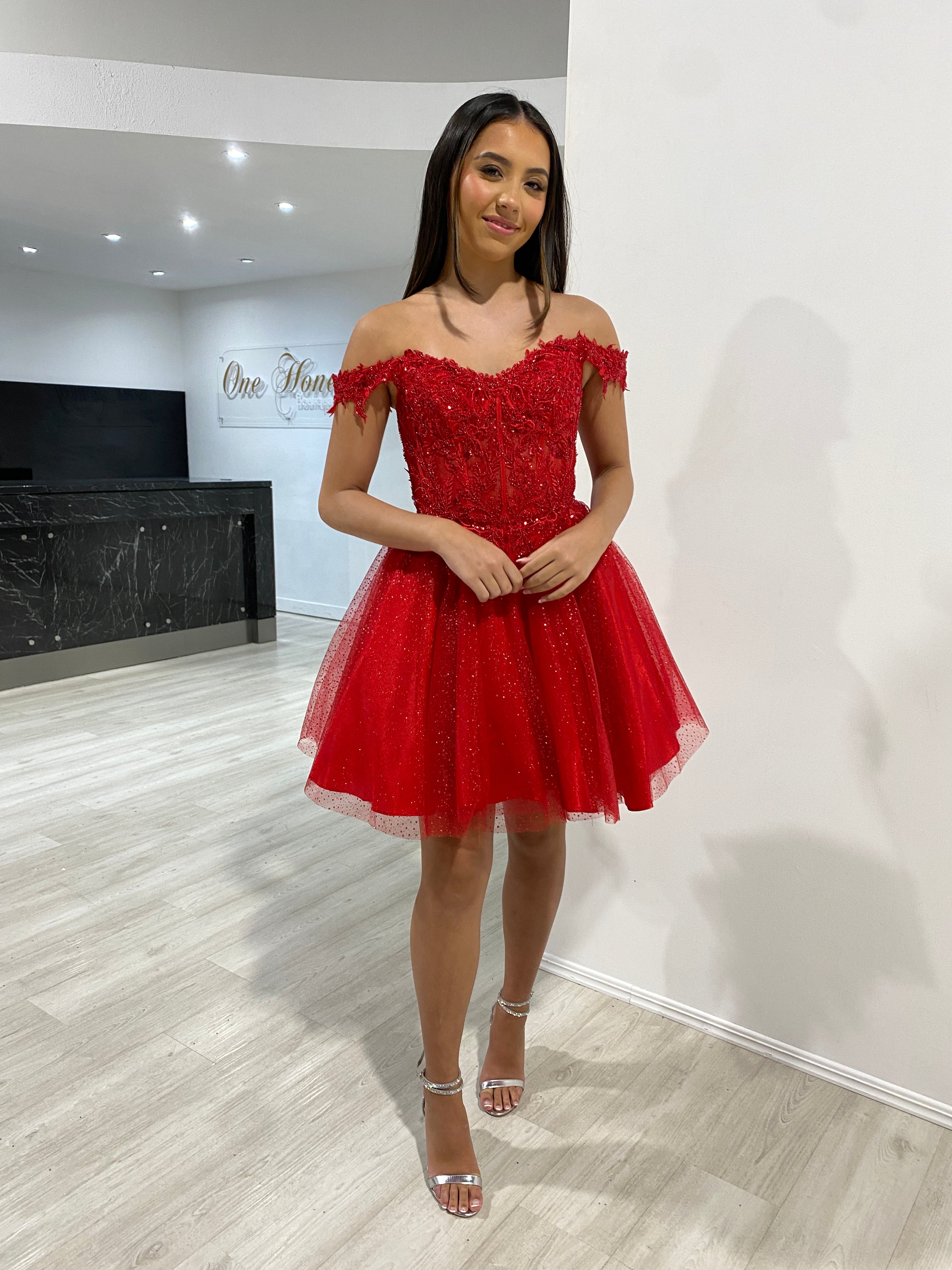 NICOLETTE beaded red tulle party dress with off-the-shoulder design, perfect for special events. Brisbane to Gold Coast, Australia.
