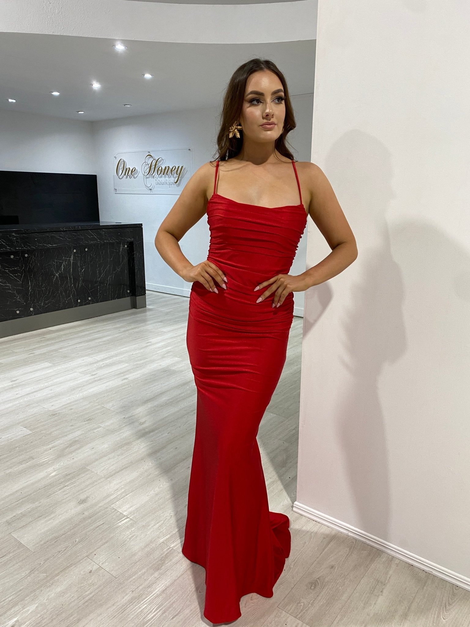 JAZMIN Ruched Deep V Back Bum Scrunch Formal Dress in Australia | One Honey Boutique