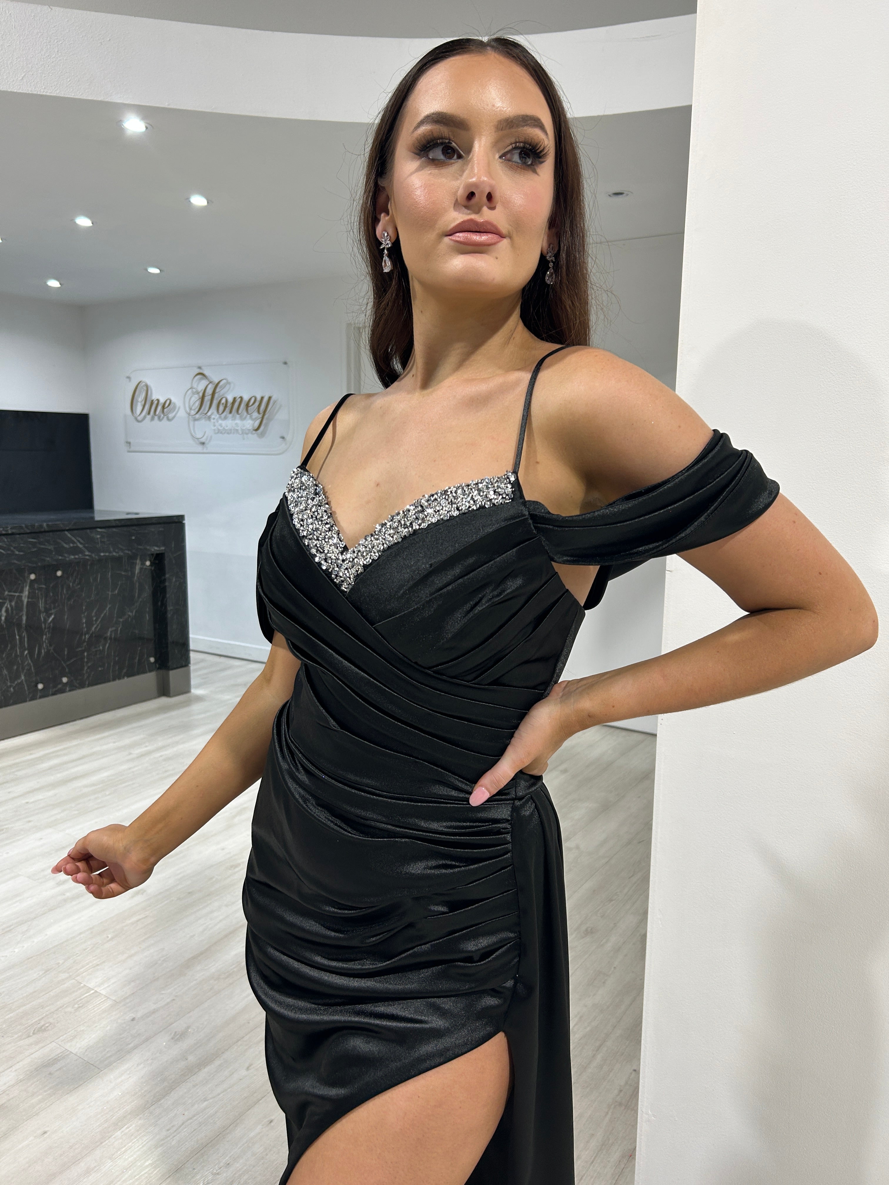 RIRI Beaded Silky Corset evening gown with off-the-shoulder ruched design and beaded neckline detail. Brisbane to Gold Coast.