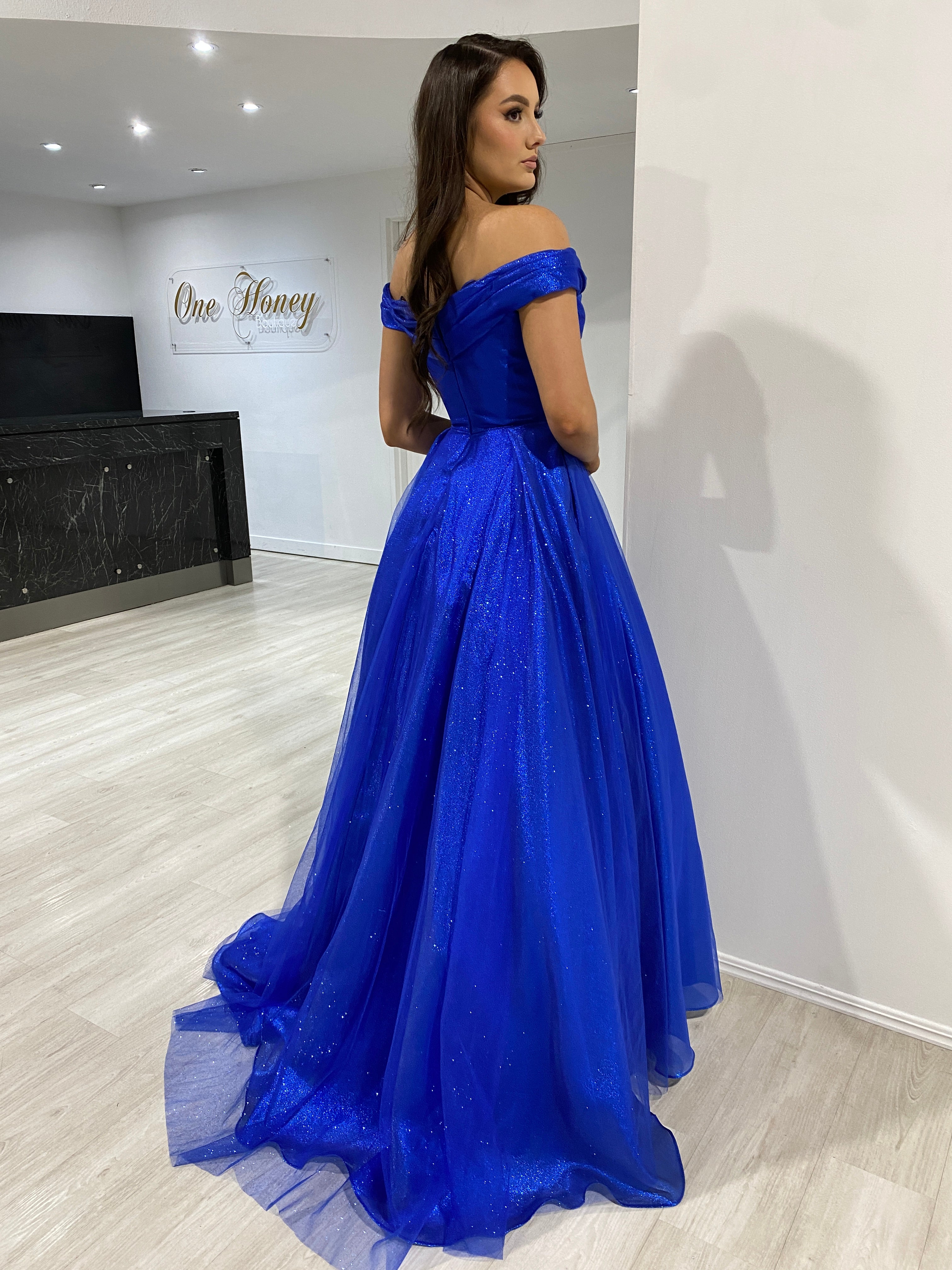 Alt Tag: ARIANA shimmer off-shoulder blue ballgown with layered skirt, elegant formal dress. Brisbane to Gold Coast, Australia
