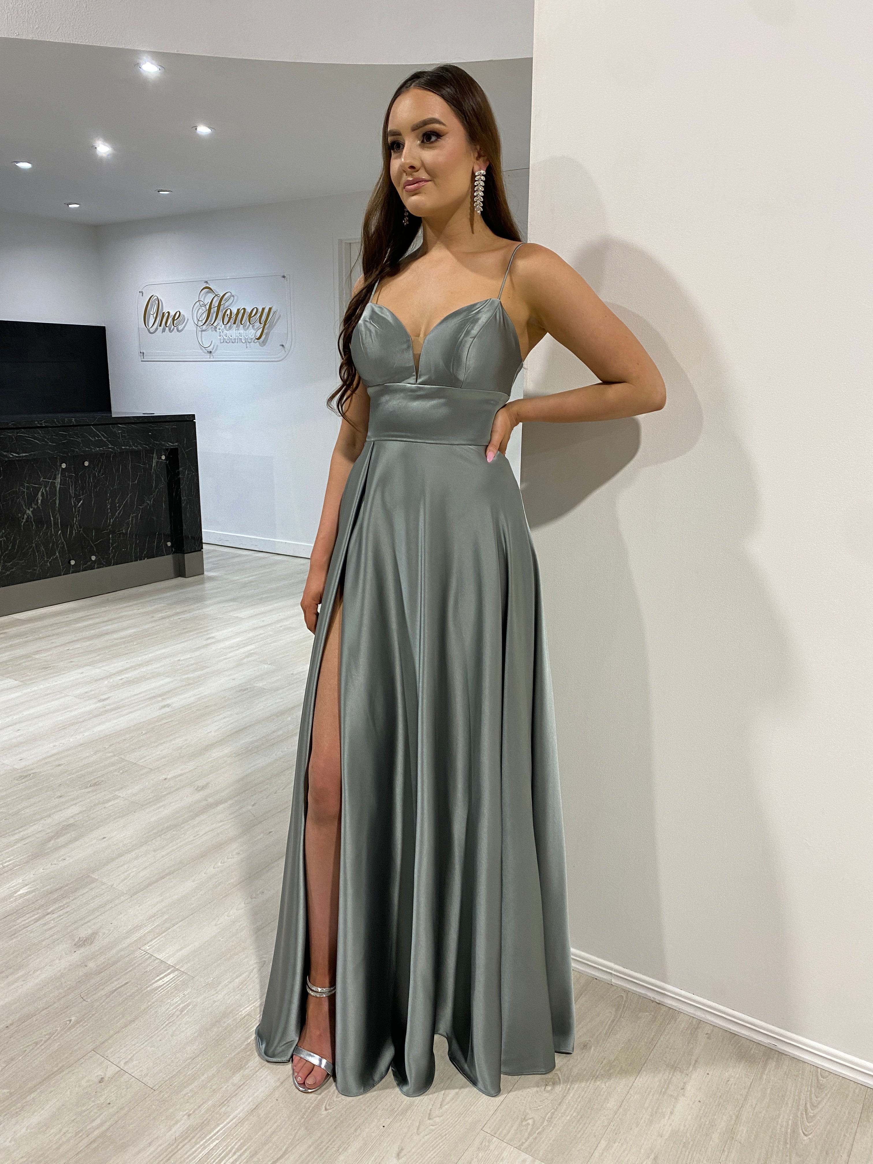KAY Silky A Line Bridesmaid Dress with satin slit and sweetheart neckline. Perfect for semi formal occasions. Brisbane to Gold Coast, Australia.