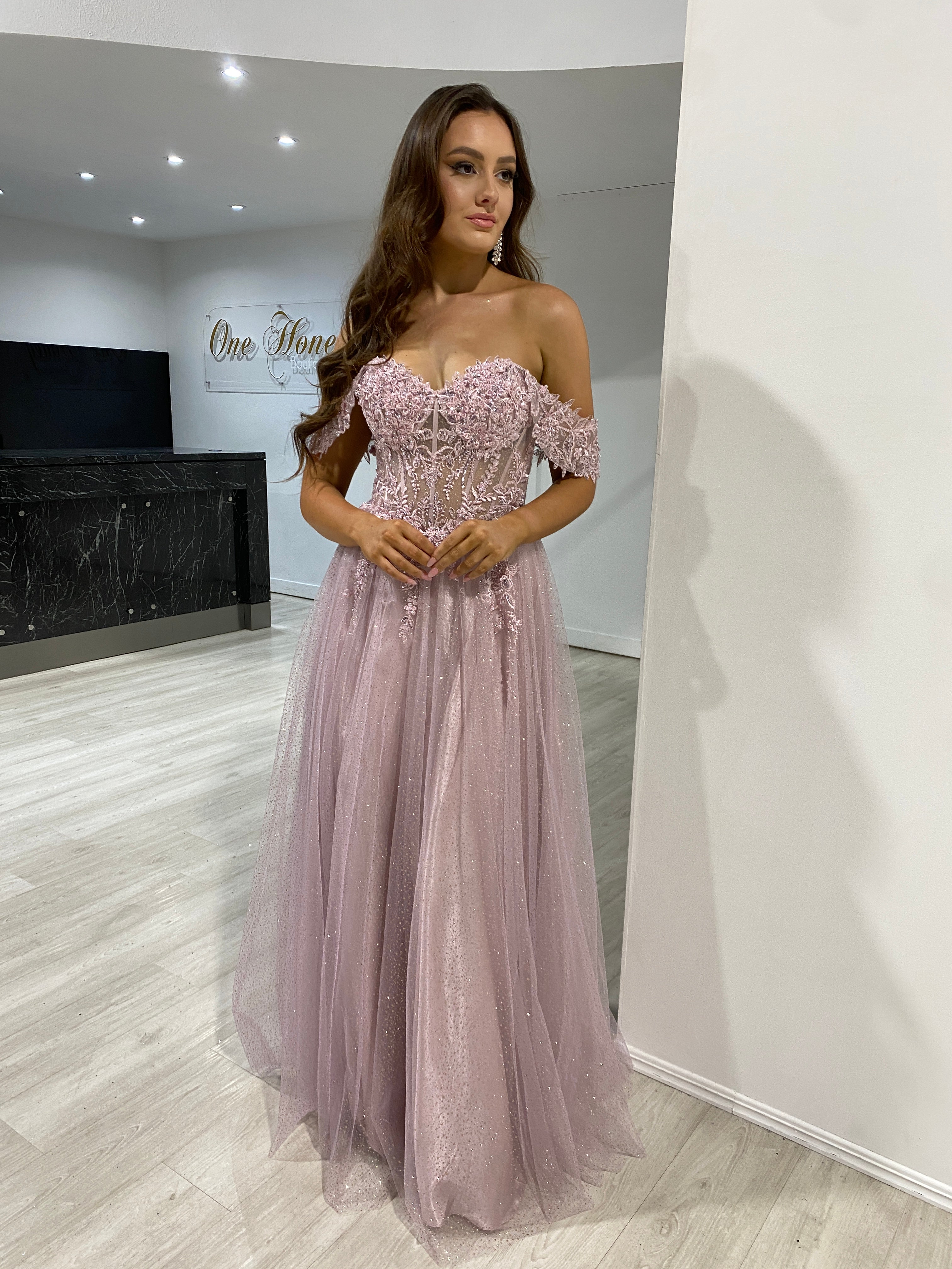 PHOEBE off-shoulder lace tulle formal dress with A-line silhouette and glitter details. Perfect as an evening gown. Brisbane to Gold Coast.