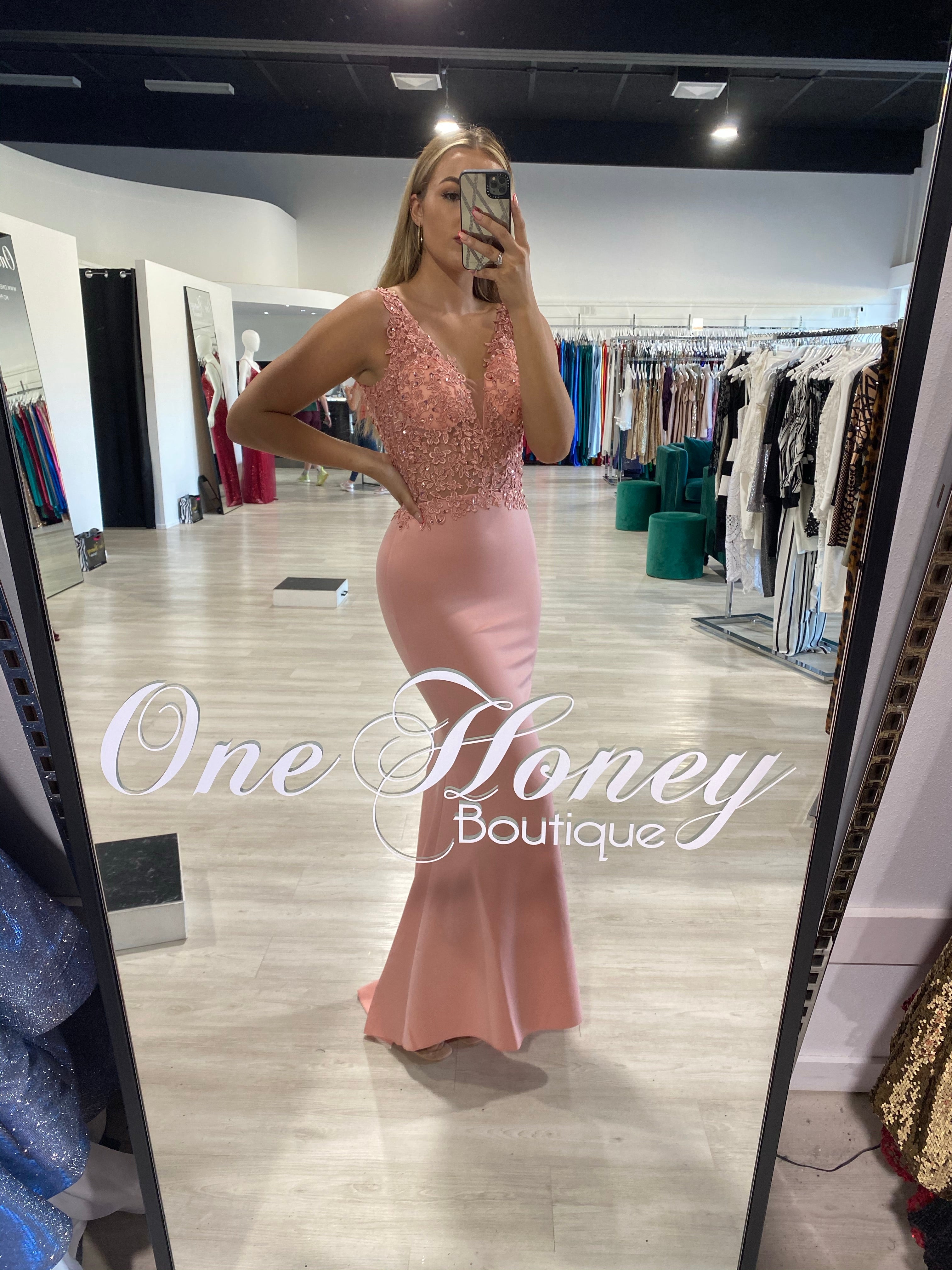 ISLA Pink Beaded Lace Bust Formal Dress by Honey Couture, Australian Designer Prom Dress in store fitting room mirror reflection.