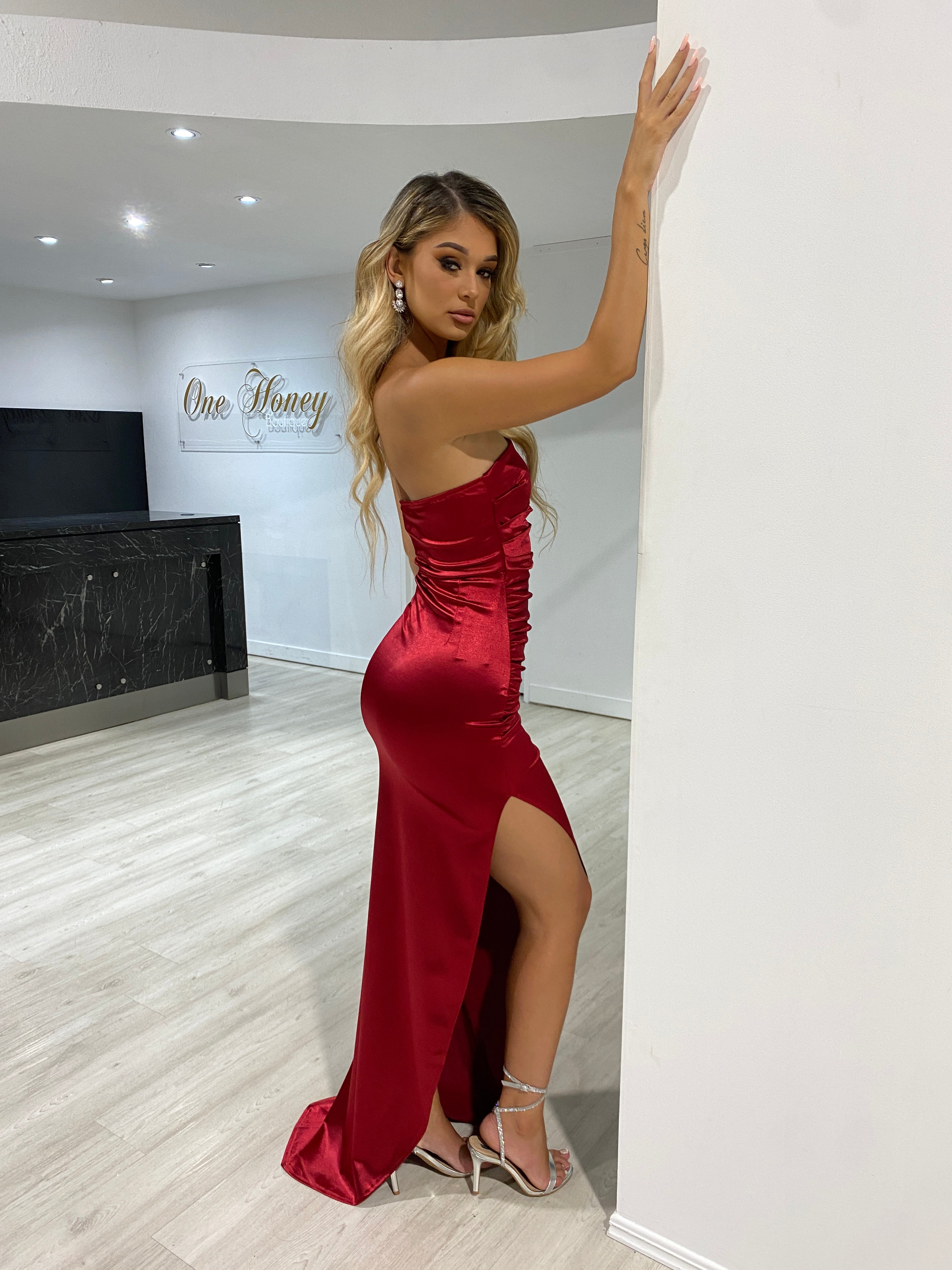Honey Couture LIAA Burgundy Silky One Shoulder Asymmetrical Formal Dress