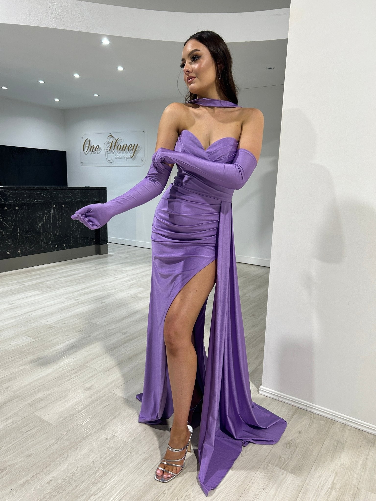 TWYLA Strapless Silky Mermaid Formal Dress with Gloves in Australia | One Honey Boutique
