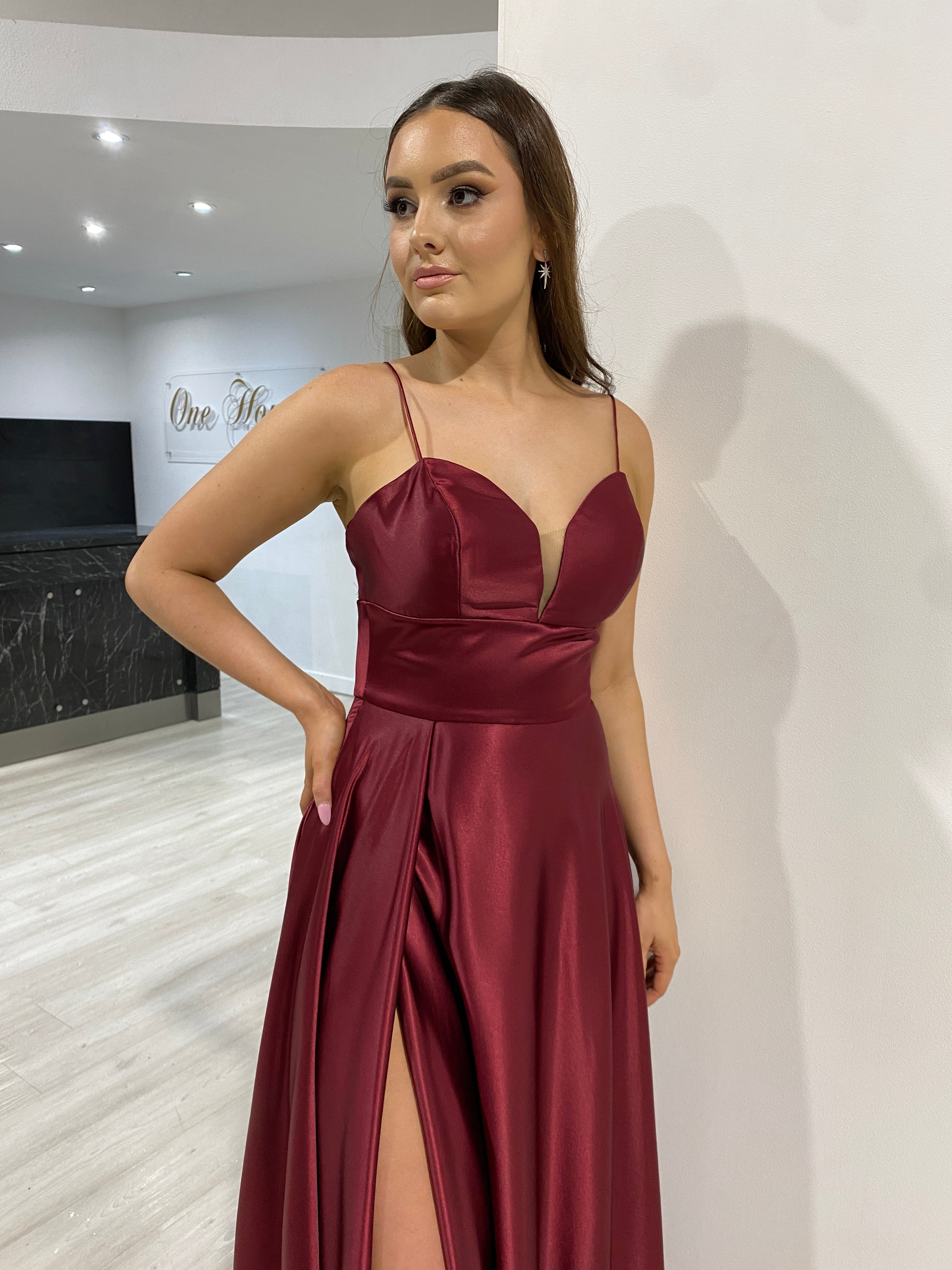 KAY Silky A Line Bridesmaid Semi Formal Dress with sweetheart neckline and leg slit, perfect for formal events, Brisbane to Gold Coast.