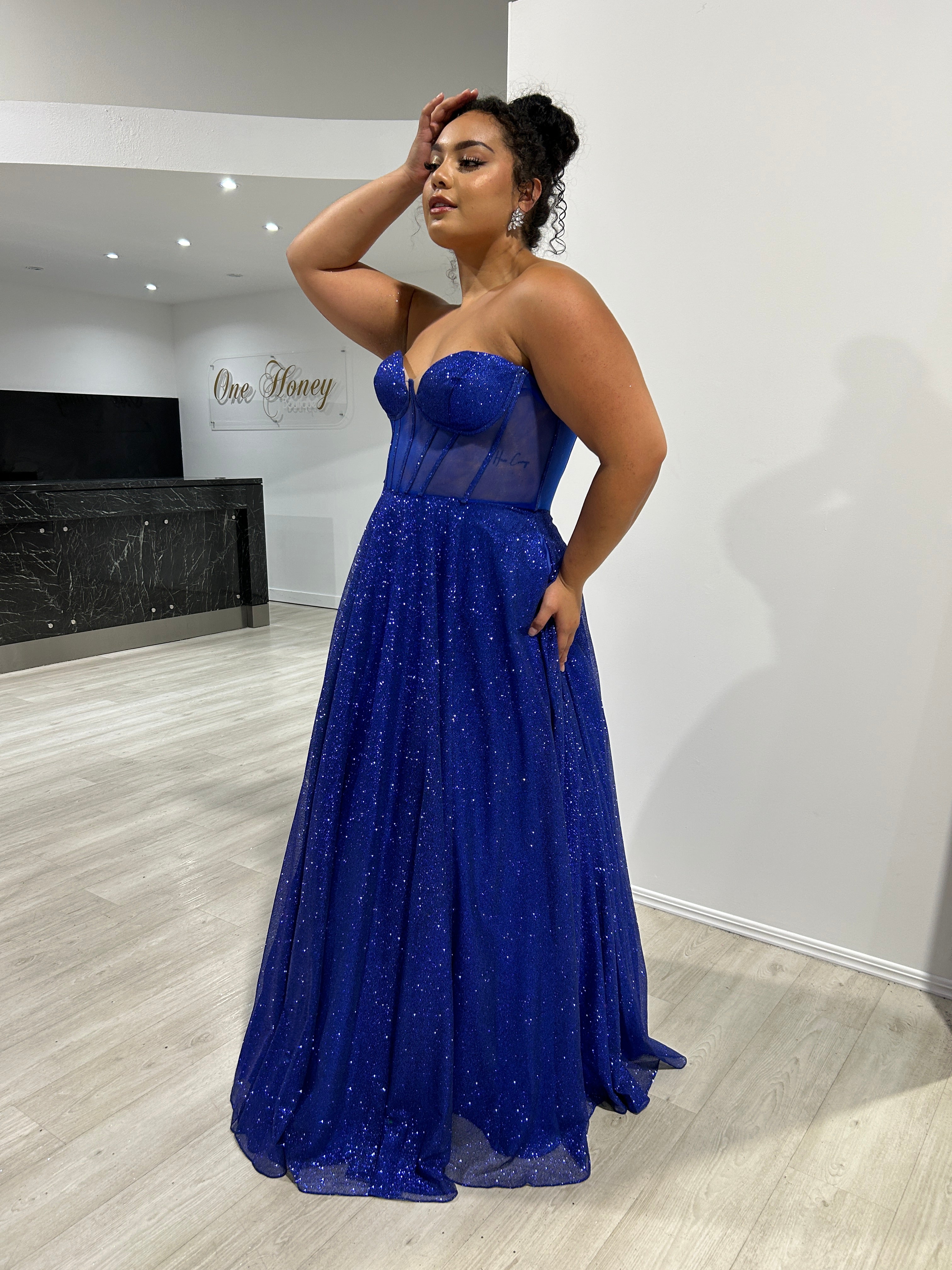 ALOMA Glitter Corset Strapless Formal Dress with sheer boned bodice and fitted silhouette. Perfect for events from Brisbane to Gold Coast.