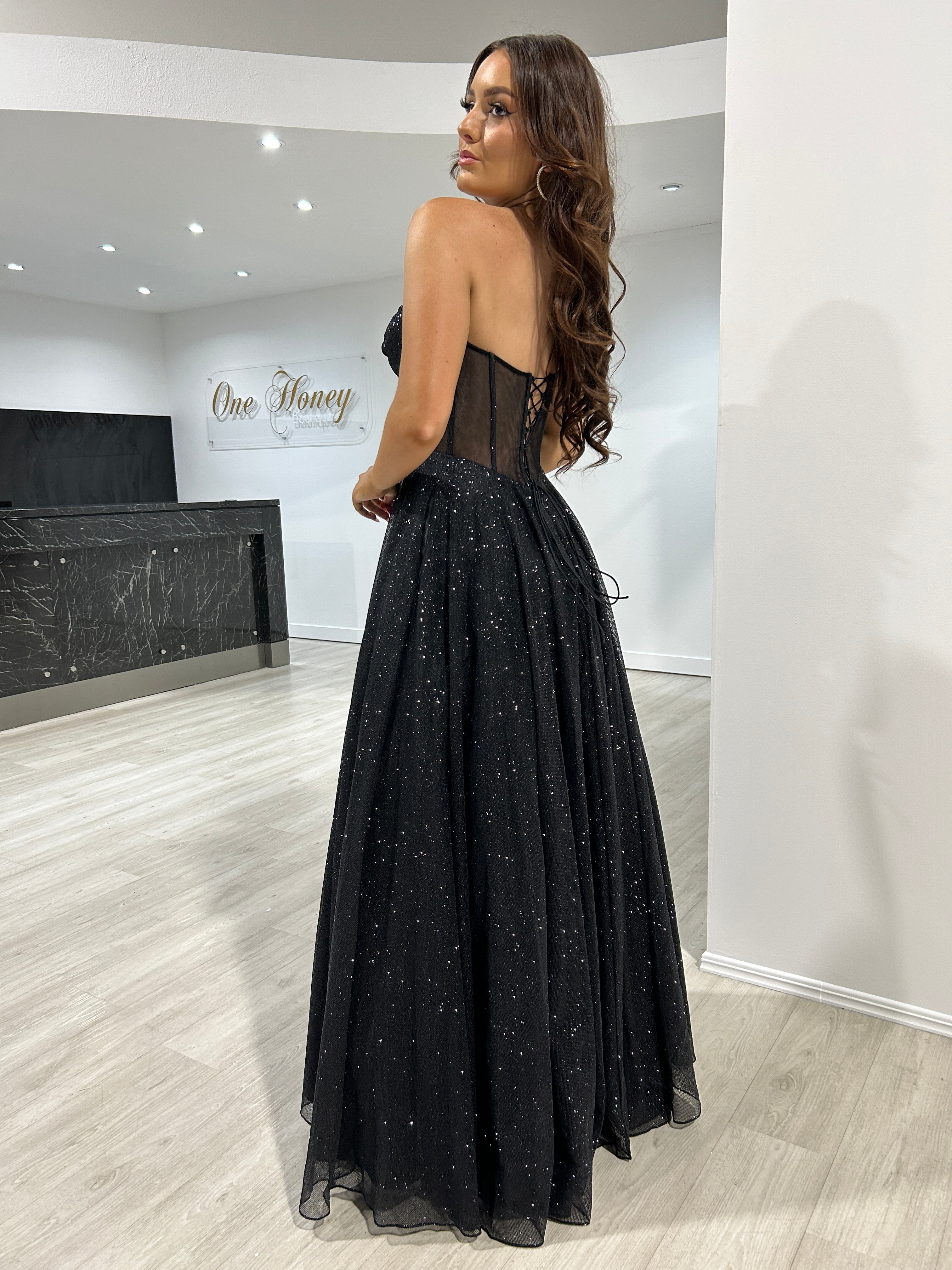 ALOMA Glitter Corset Strapless Formal Dress, featuring a shimmering sheer boned bodice, perfect for evening wear. Brisbane to Gold Coast.