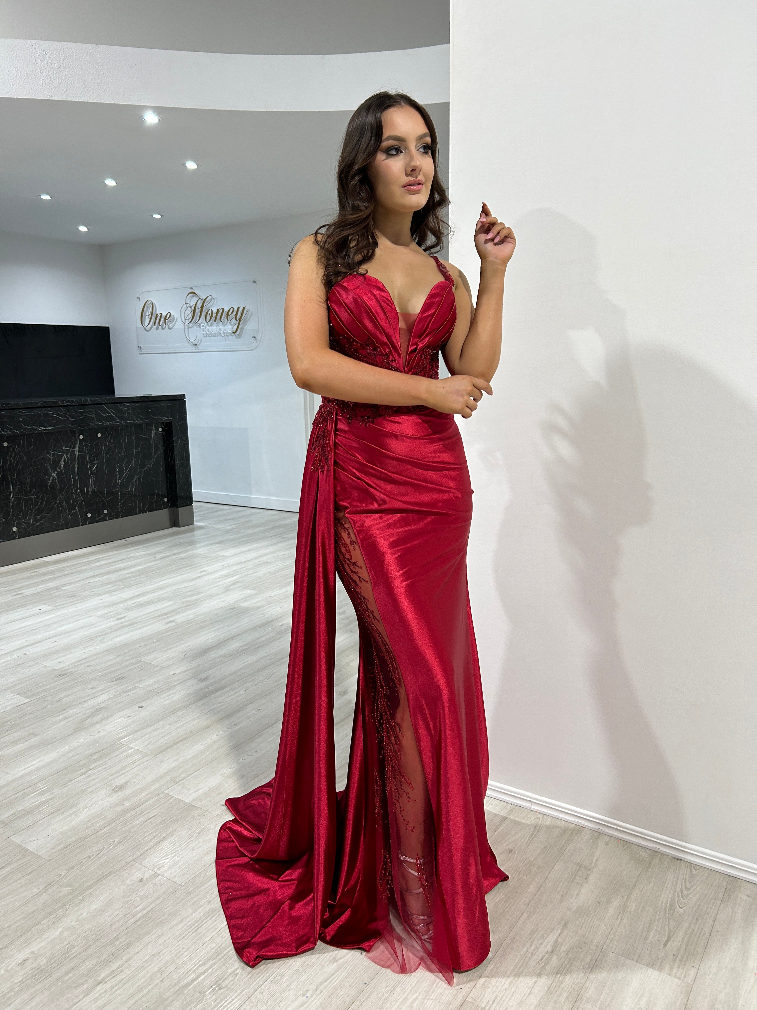 ANTONIA Embellished Corset Satin Mermaid Formal Dress with pleated bust and sheer beaded slit, perfect evening gown. Brisbane to Gold Coast