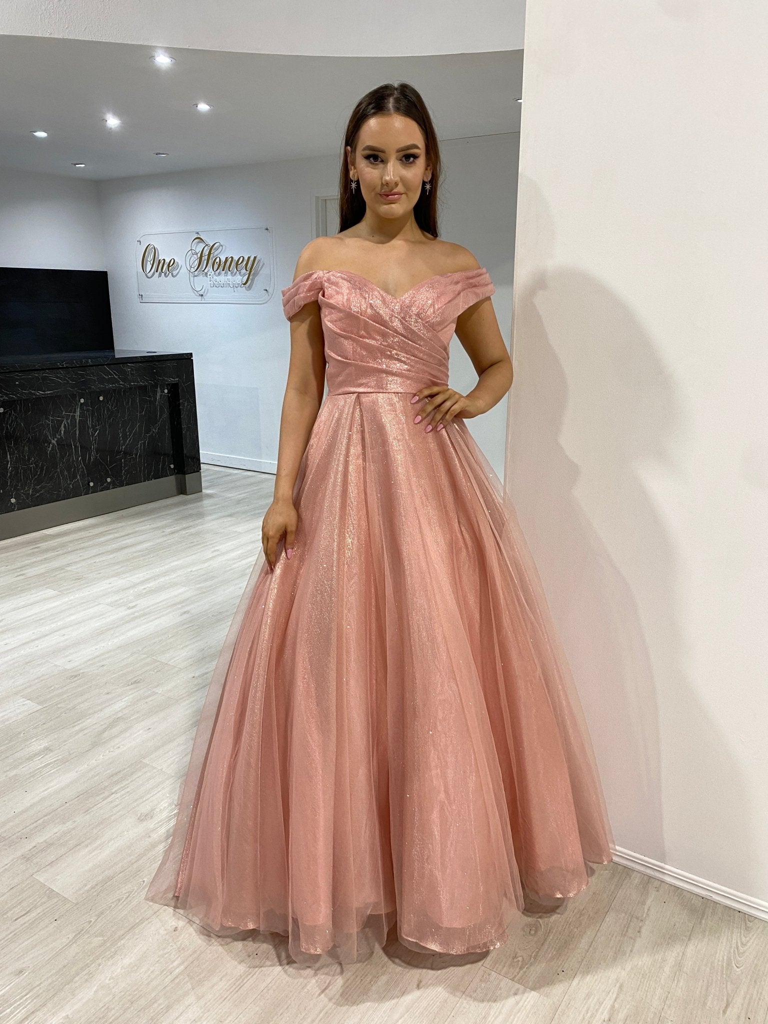 ARIANA Shimmer Off Shoulder Ballgown Formal Dress in Australia | One Honey Boutique