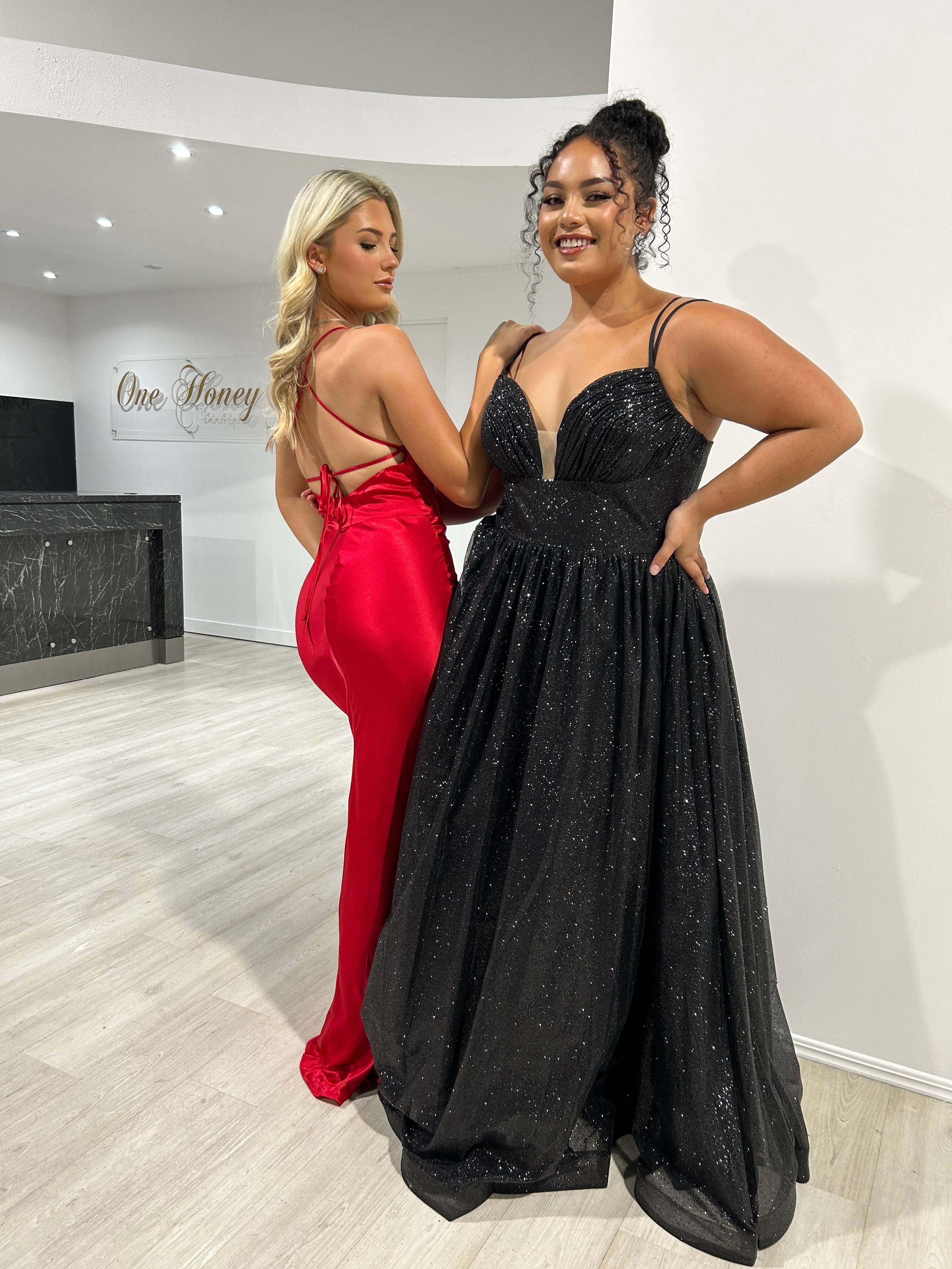 CARMERON Glitter Ball Gown with corset lace-up, formal dress in black and red satin. Perfect for events from Brisbane to Gold Coast.