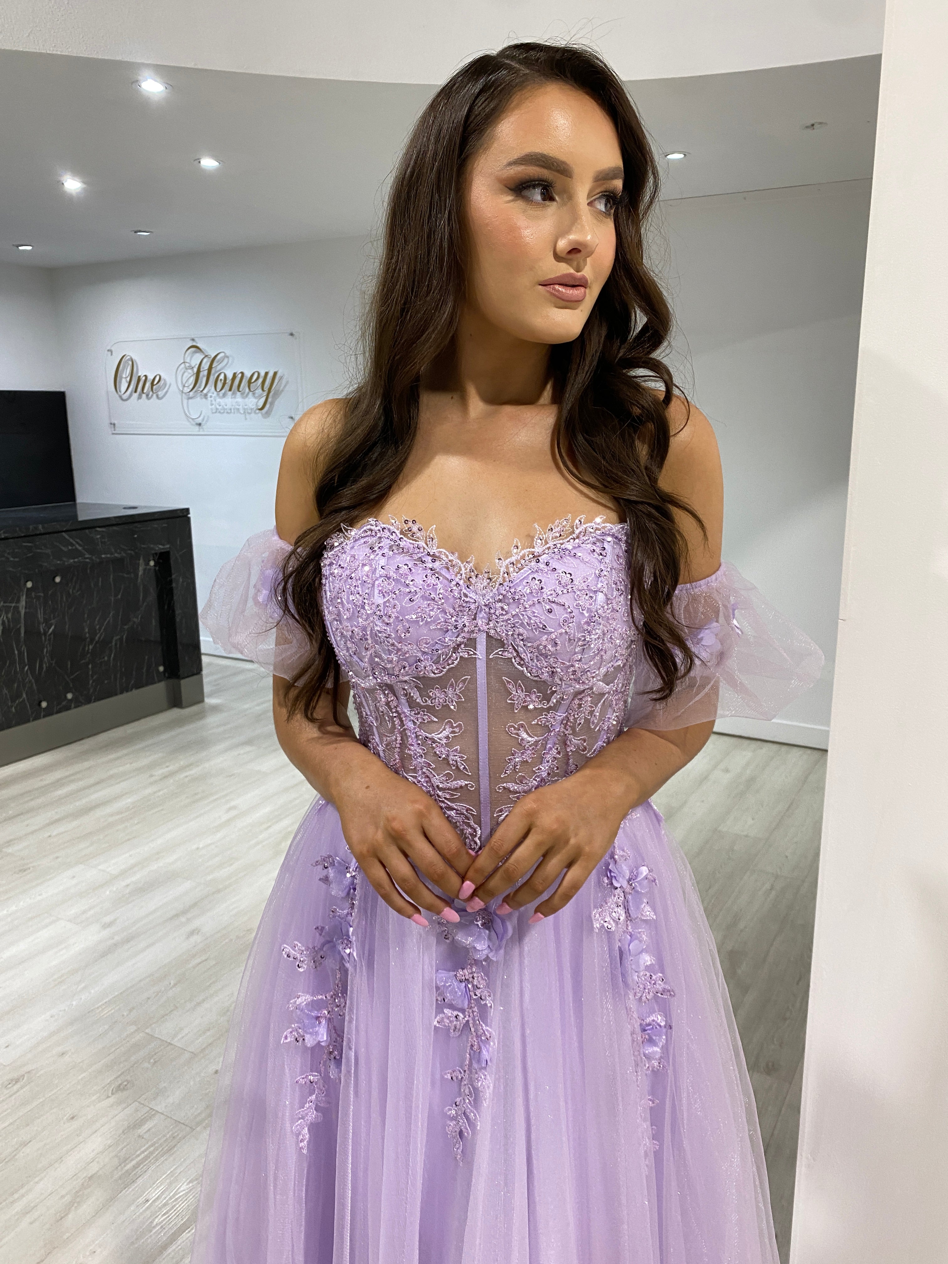 BLOOM Bustier Lace Applique Tulle Dress with Sheer Corset Bodice, Romantic Evening Gown Brisbane to Gold Coast, Australia.