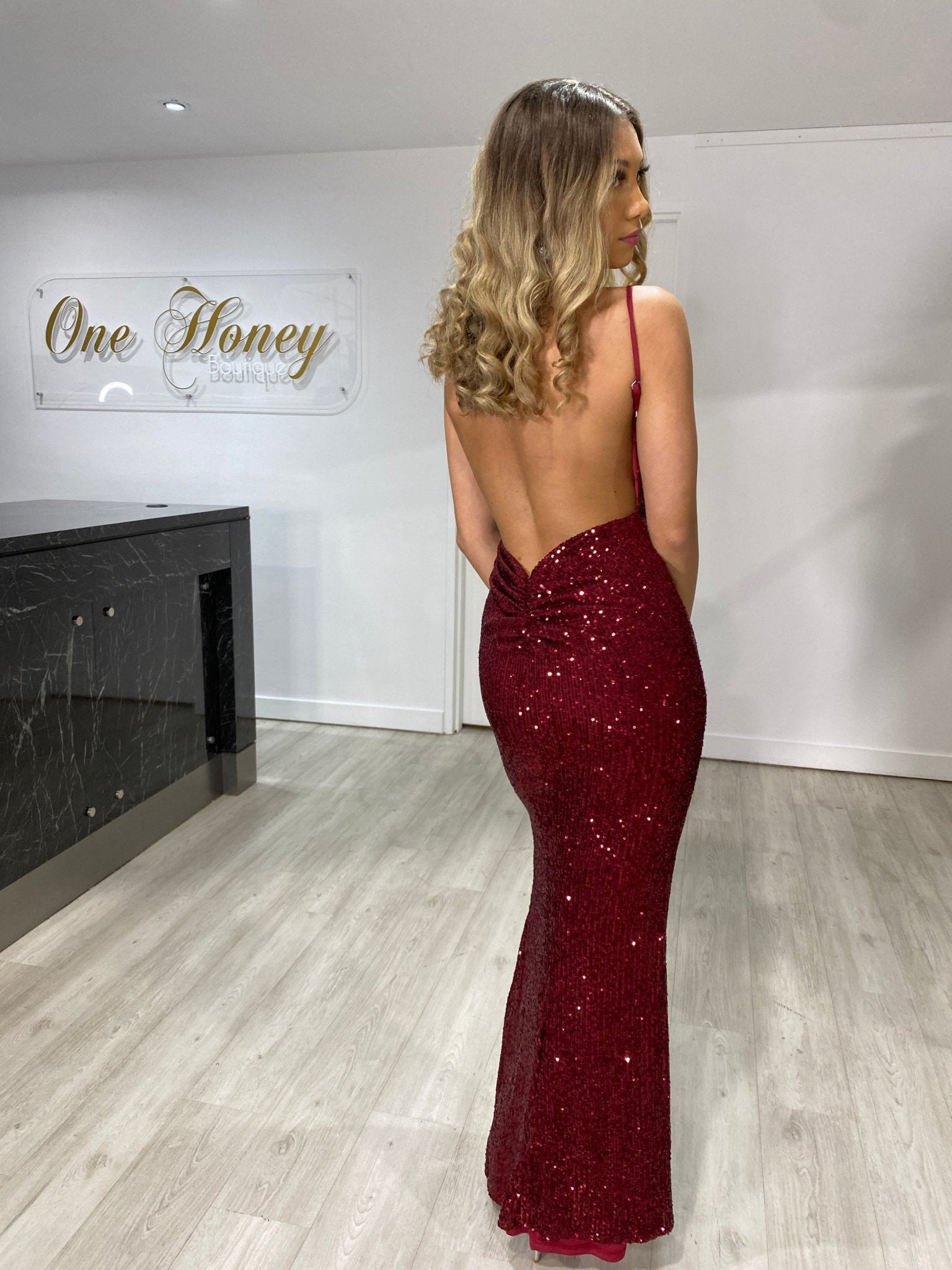 Honey Couture KAIA Burgundy Sequin Bum Ruching Low Back Dress in Australia | One Honey Boutique