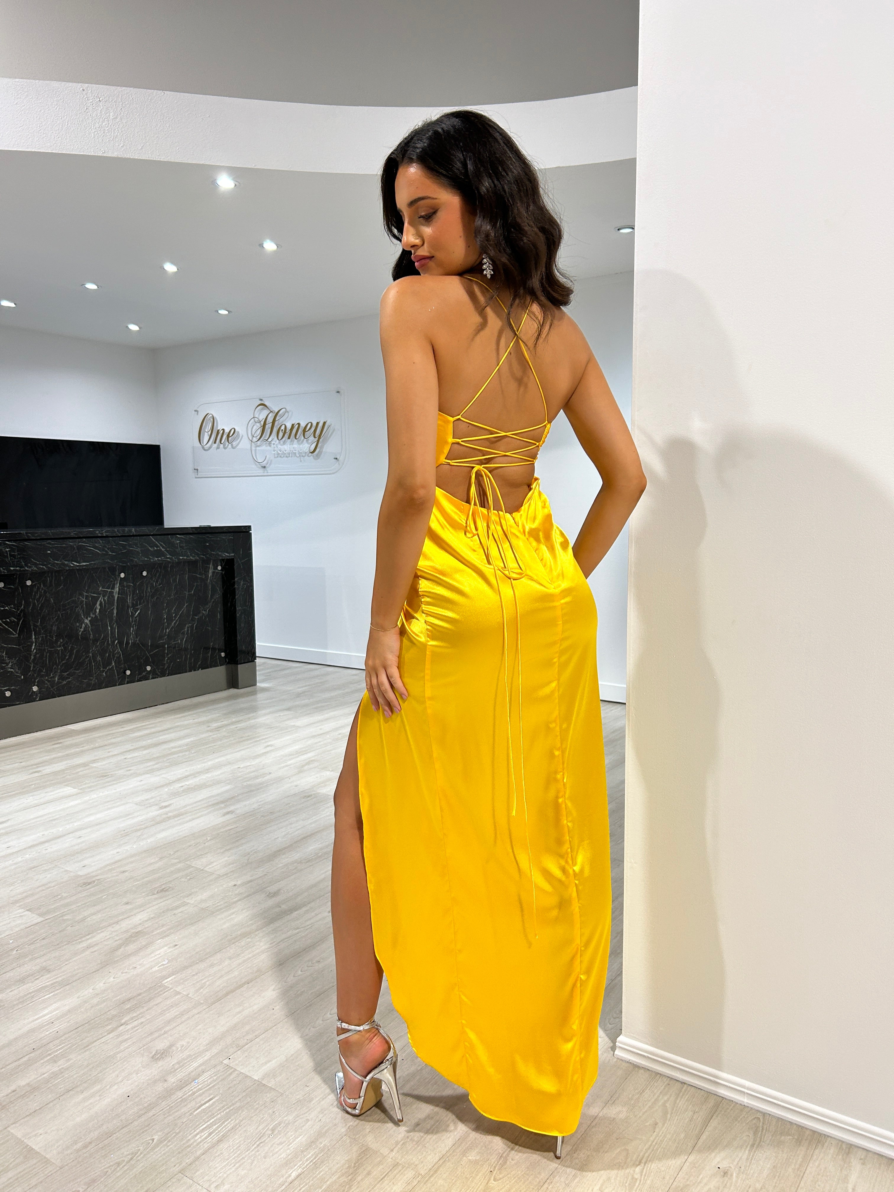KENNA satin dress with cowl neck, lace-up back, and leg slit. Semi-formal dress for events. Brisbane to Gold Coast.