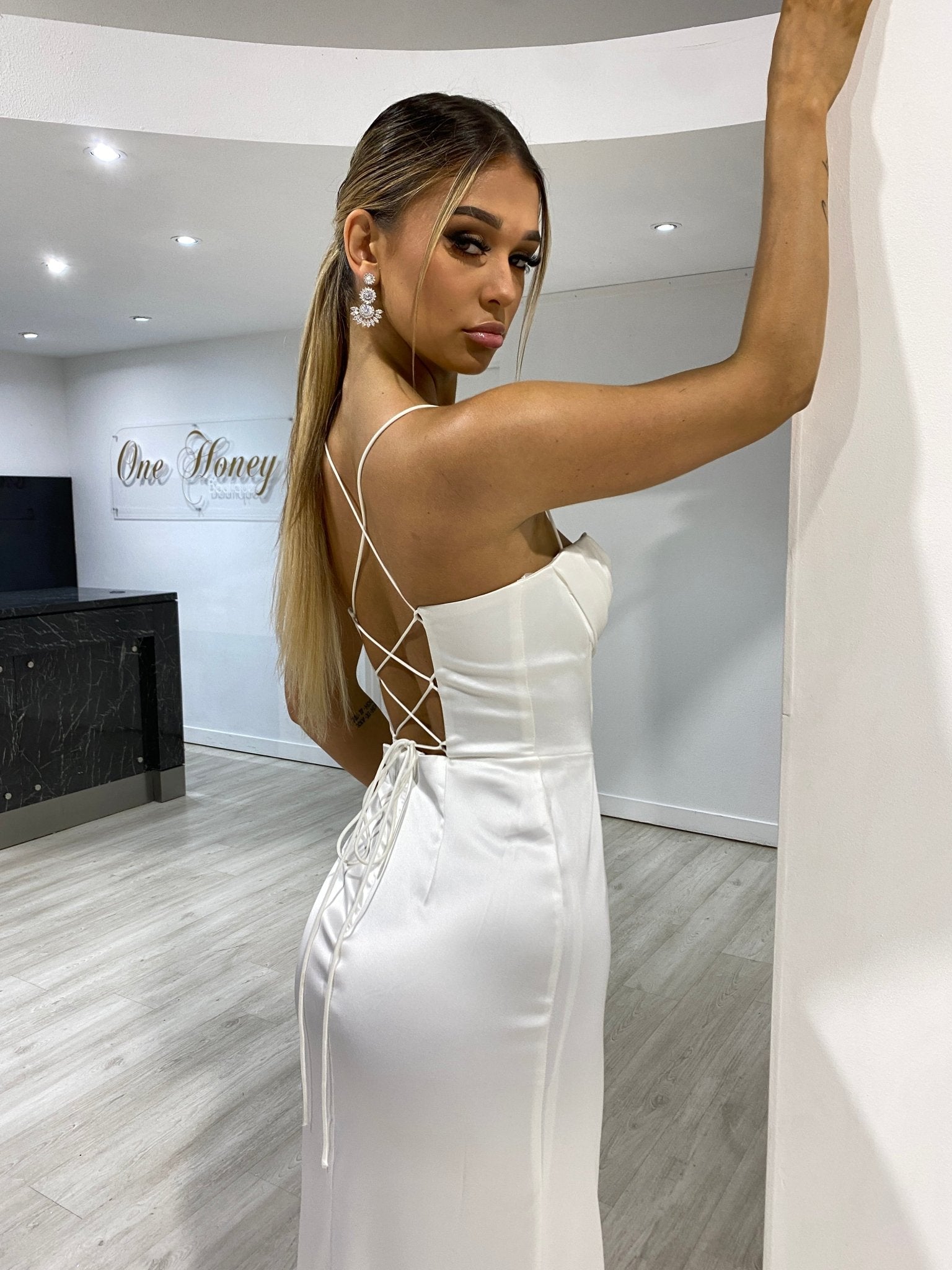 Honey Couture ZENDAYA Off White Satin Corset Bustier Leg Split Formal Dress in Australia | One Honey Boutique