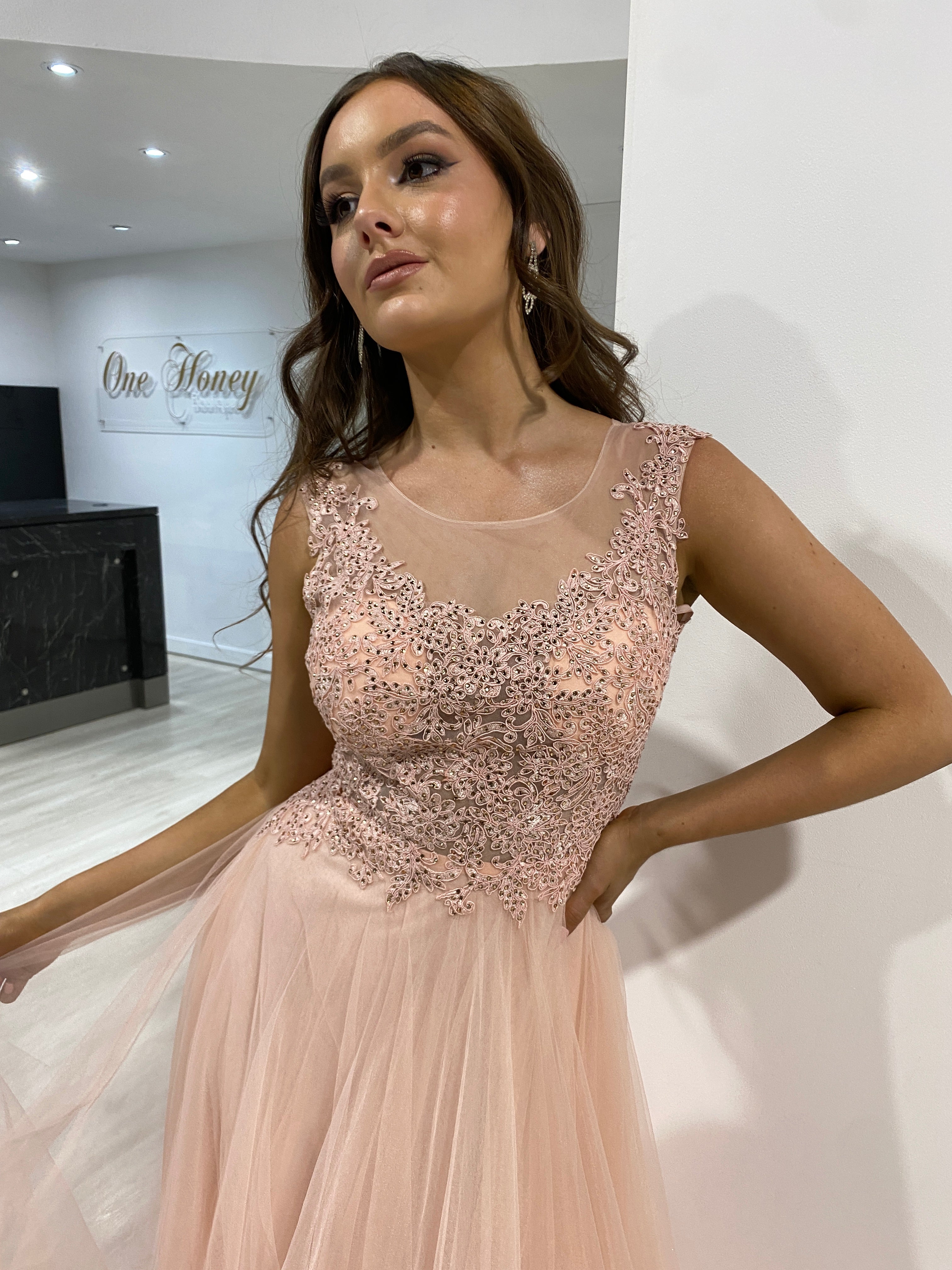 Honey Couture MADDIE blush tulle lace bodice dress, perfect for prom or evening events, Australian designer, affordable elegance.