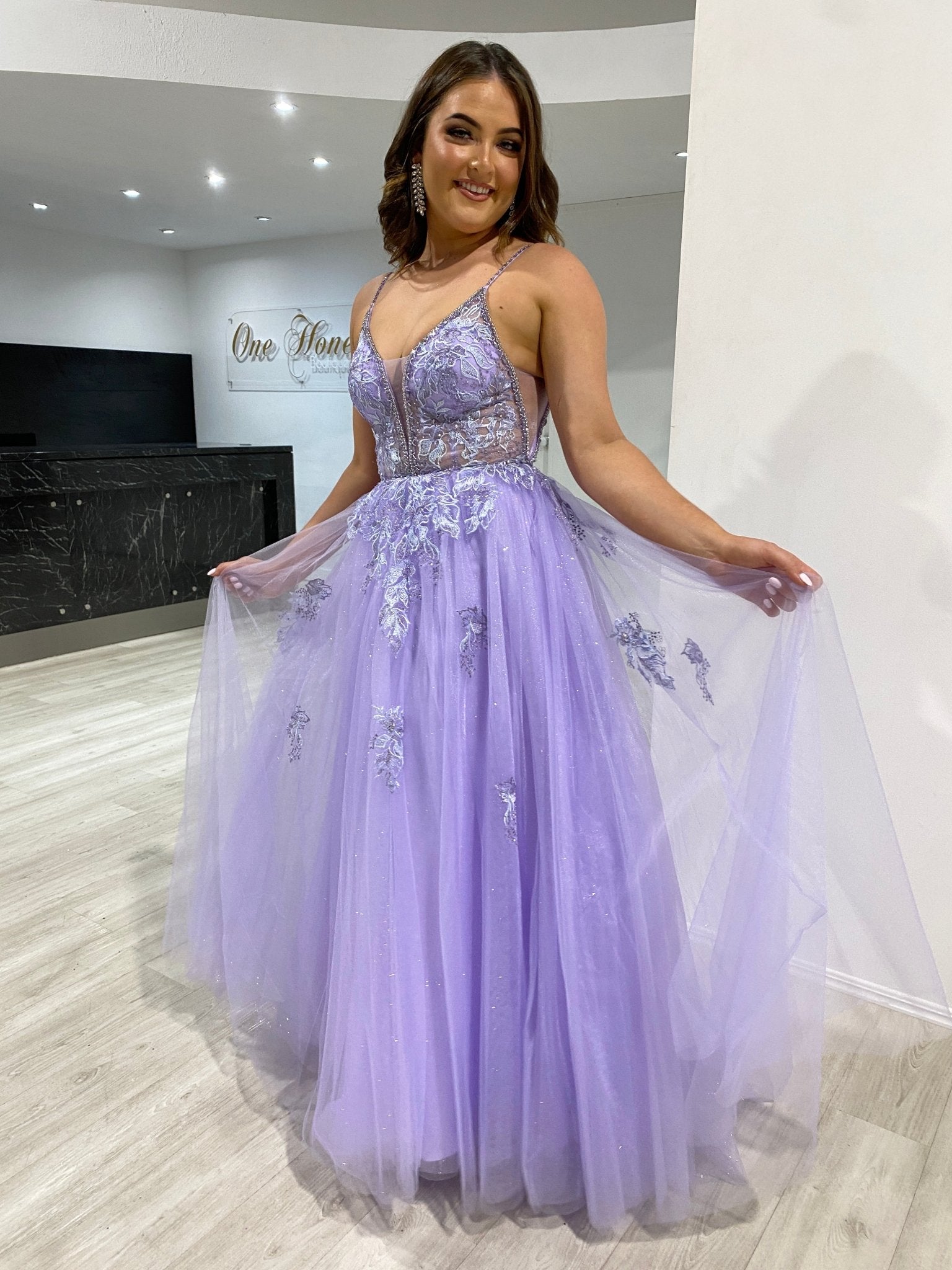 Honey Couture ROSEMARY Lilac Beaded Detail Tulle Formal Dress in Australia | One Honey Boutique