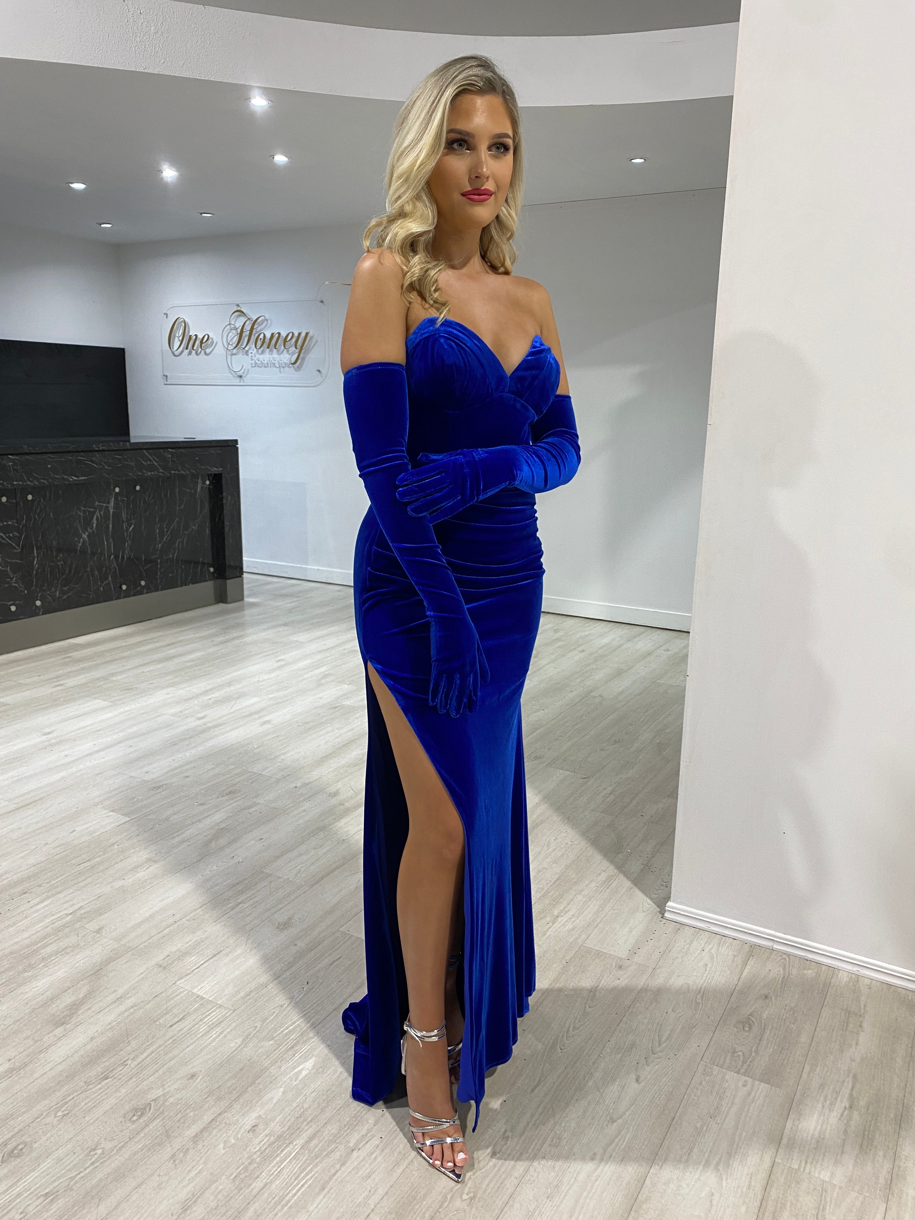 LIZZO Strapless Velvet Mermaid Formal Dress with jewel tones and slit, evening gown style with gloves. Brisbane to Gold Coast.