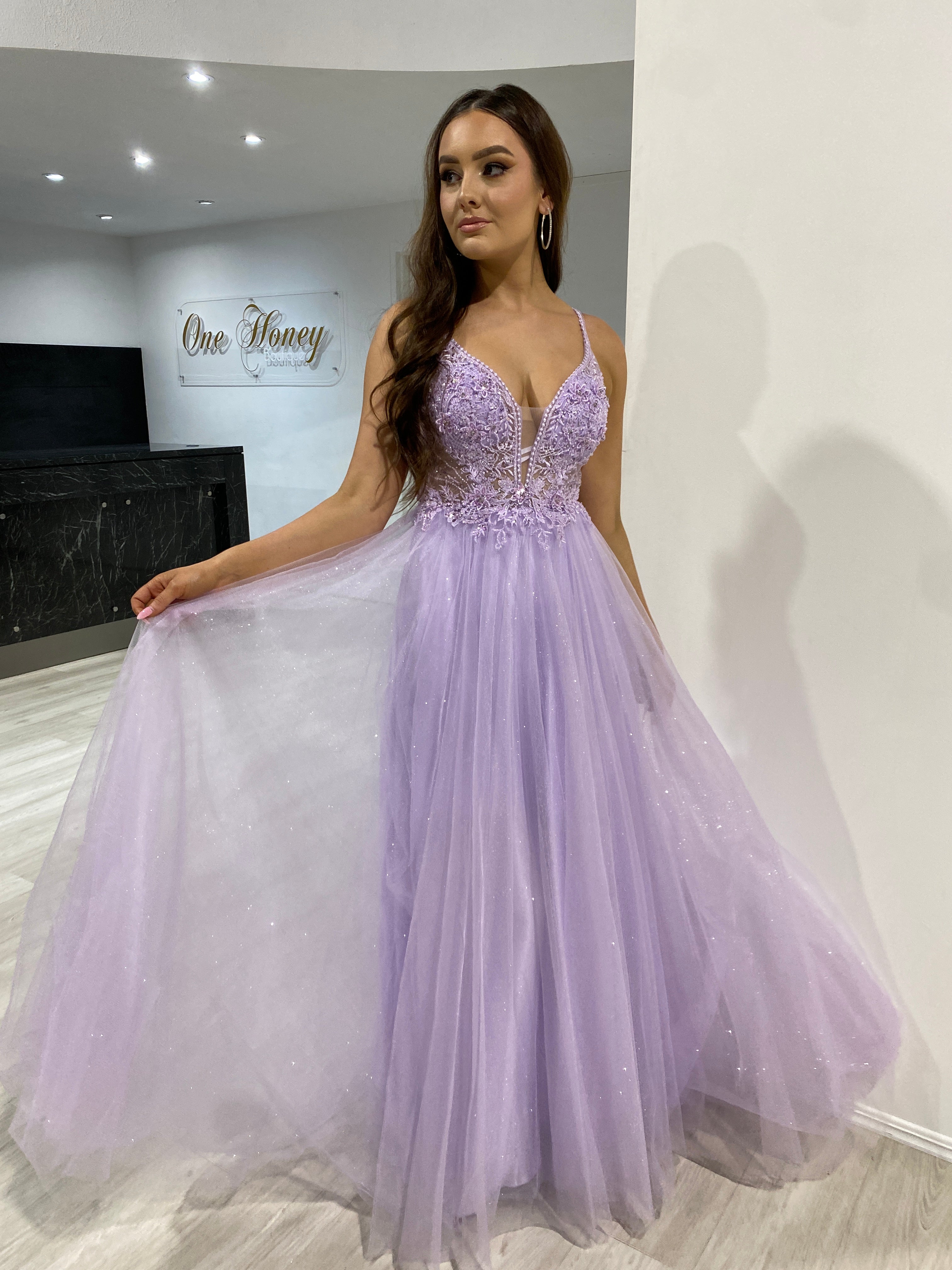 AMORET lavender beaded floral bodice prom gown with a plunging neckline, perfect for events from Brisbane to Gold Coast.