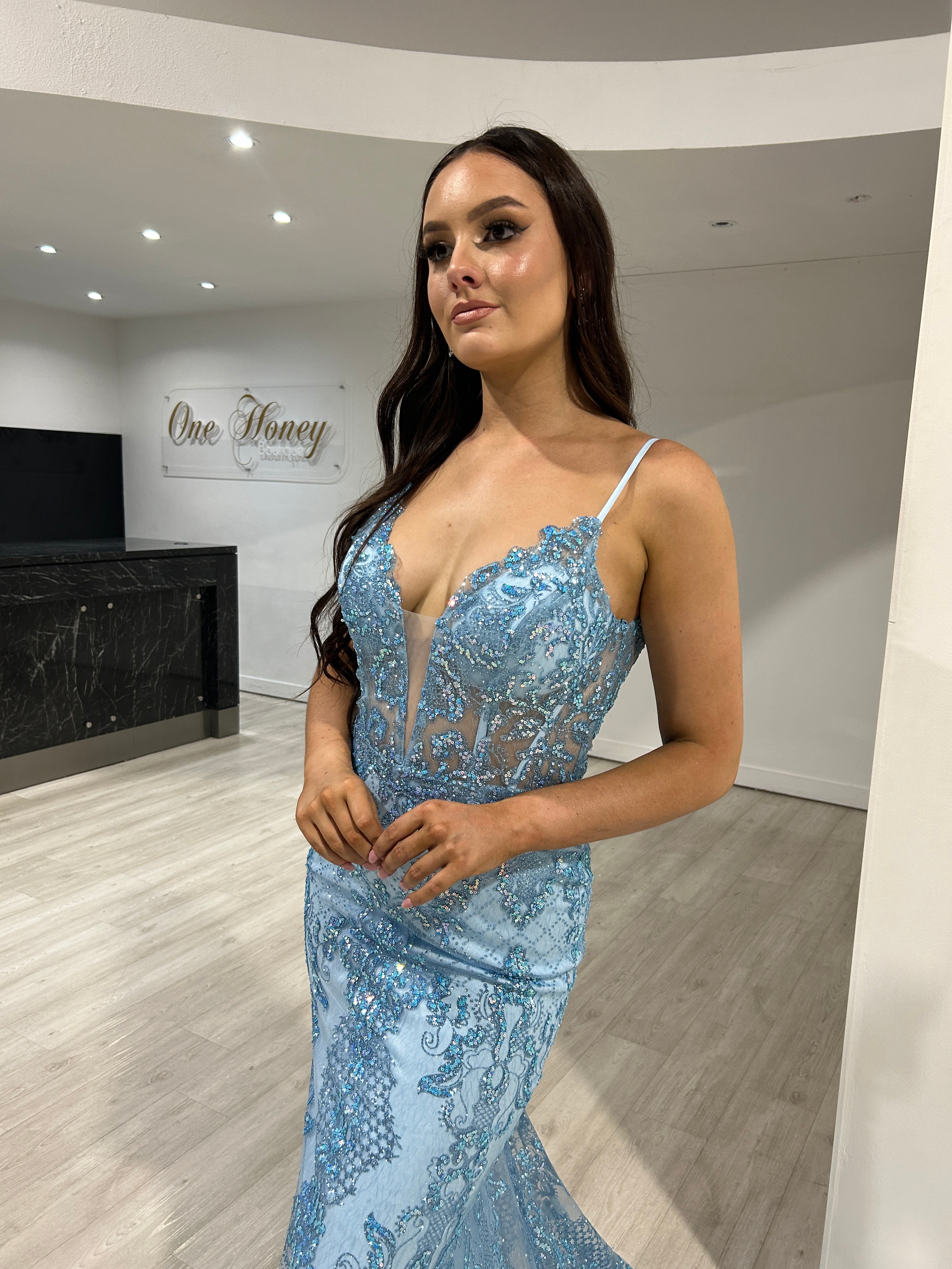 PETRA Glitter V Front Corset Mermaid Gown with floral print, deep V sheer bodice; evening gown Brisbane to Gold Coast