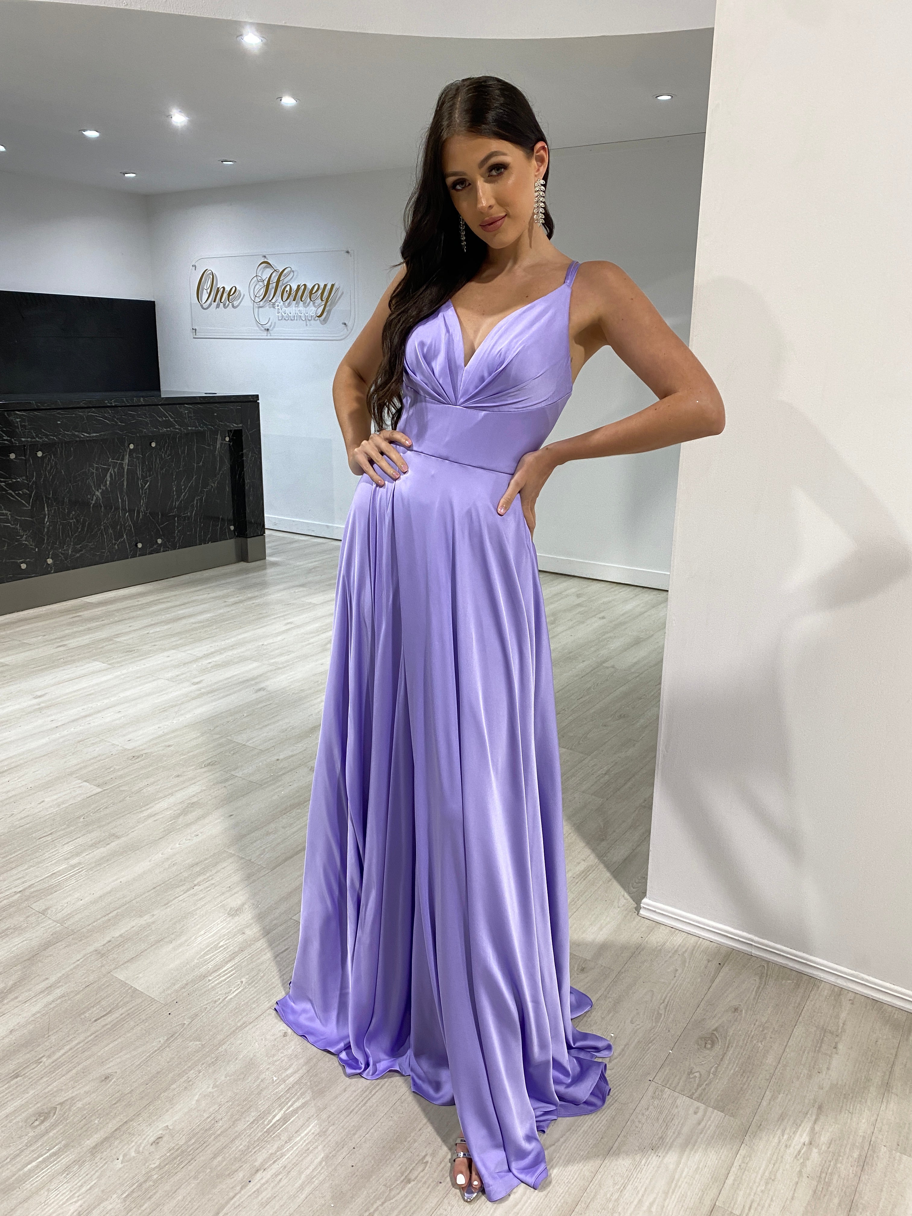 ROSALIA silky A-line dress with deep V-neck and flowing skirt, perfect for prom or formal events. Brisbane to Gold Coast, Australia.