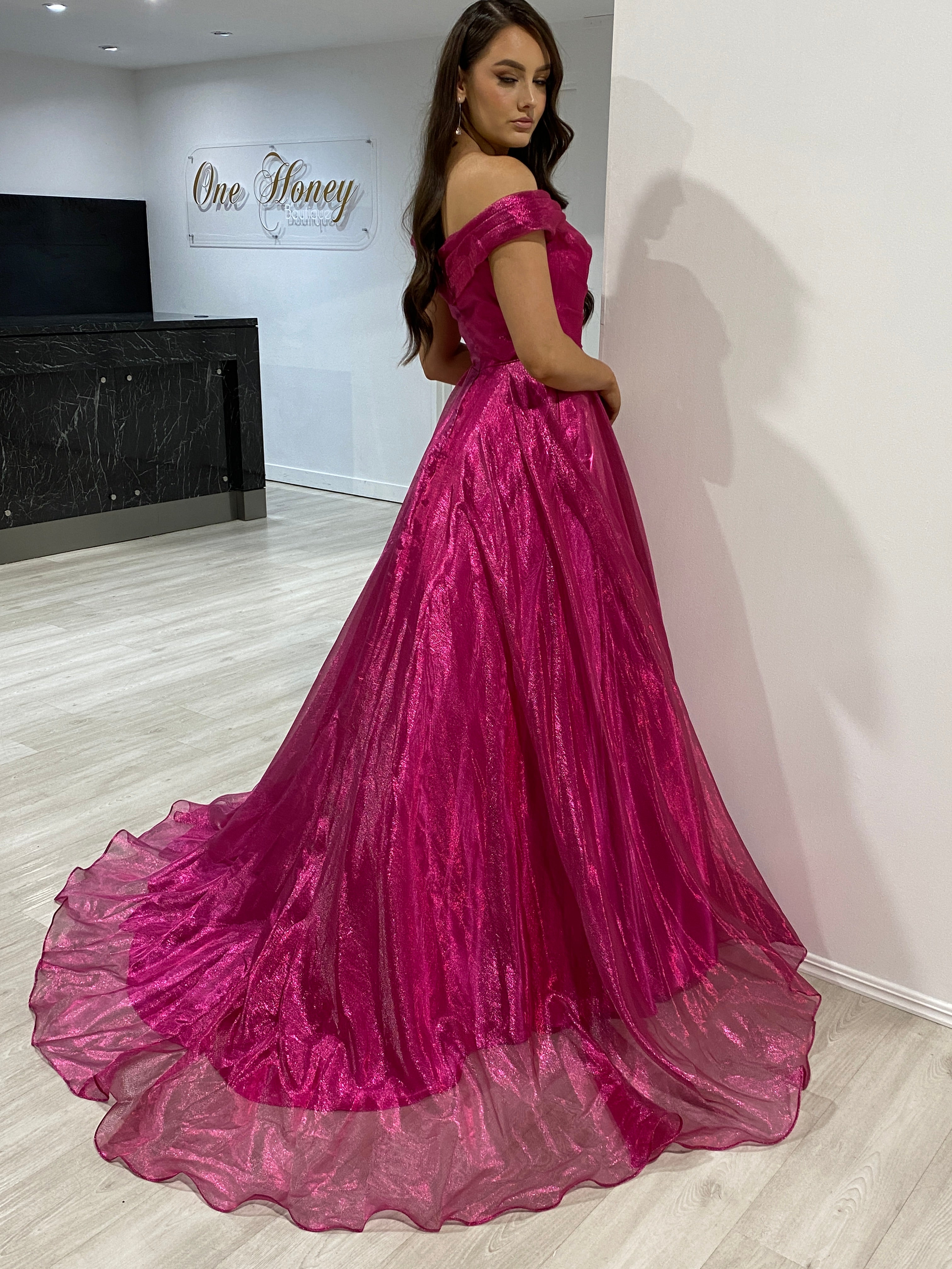 SARIA Off Shoulder Shimmer Ballgown with sweetheart neckline and layered skirt. Prom dress from Brisbane to Gold Coast, Australia.