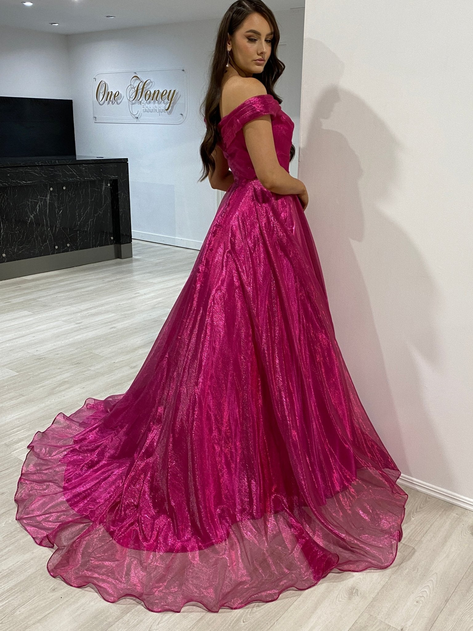 SARIA Off Shoulder Shimmer Ballgown Prom & Formal Dress in Australia | One Honey Boutique