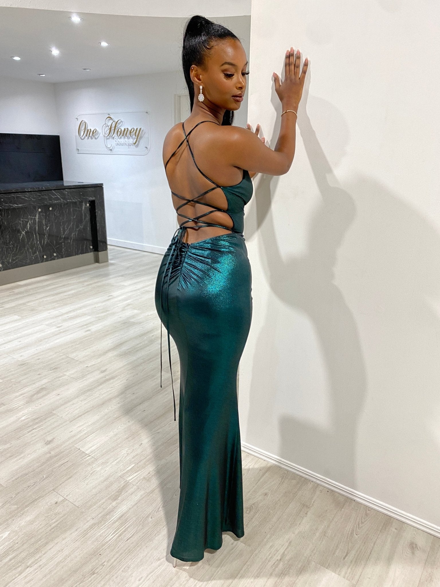 Honey Couture MARI Green Shimmer Lace Back Bum Ruching Formal Dress in Australia | One Honey Boutique