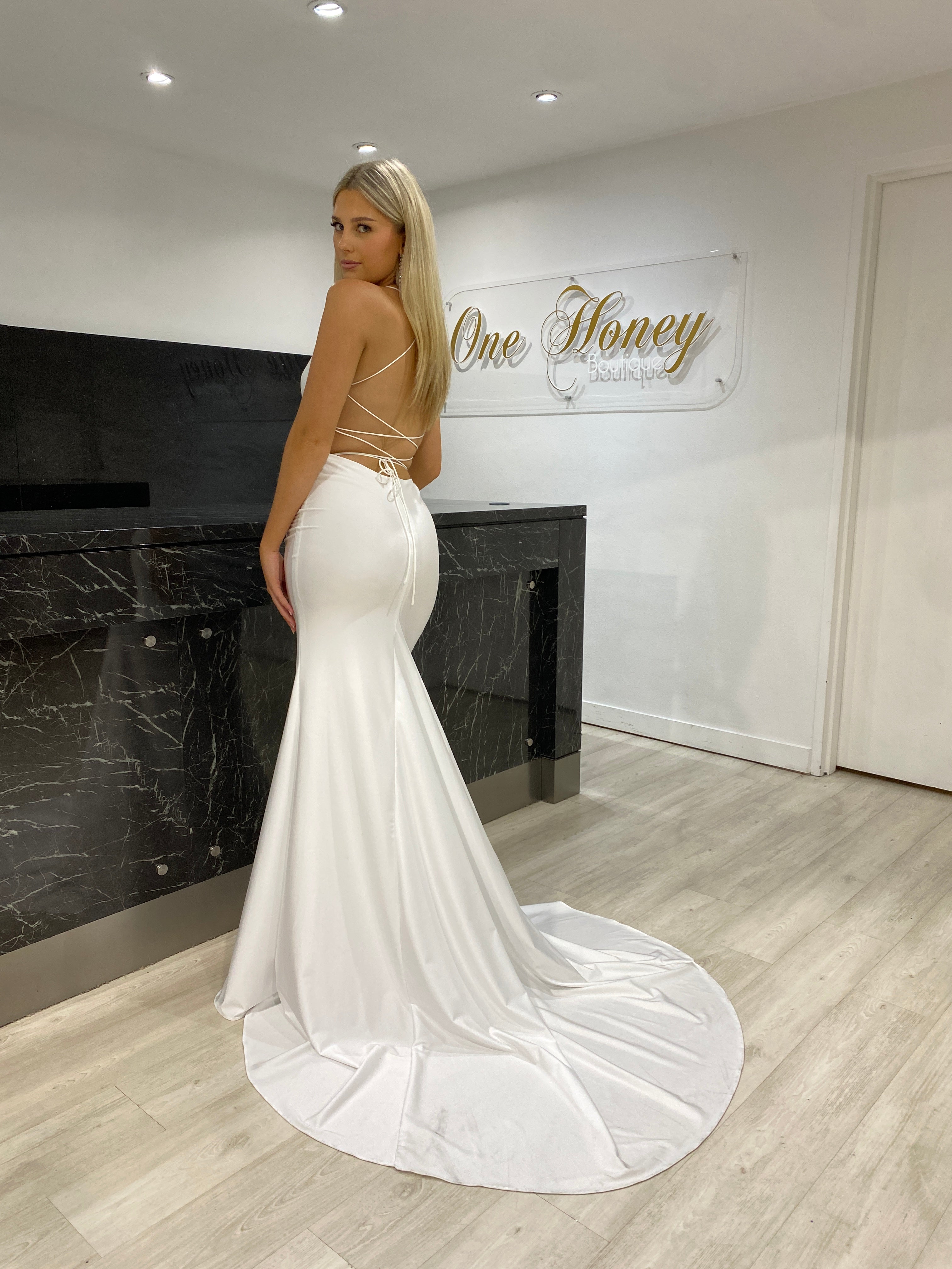 Honey Couture TERESA White Lace Up Low Back Formal Dress