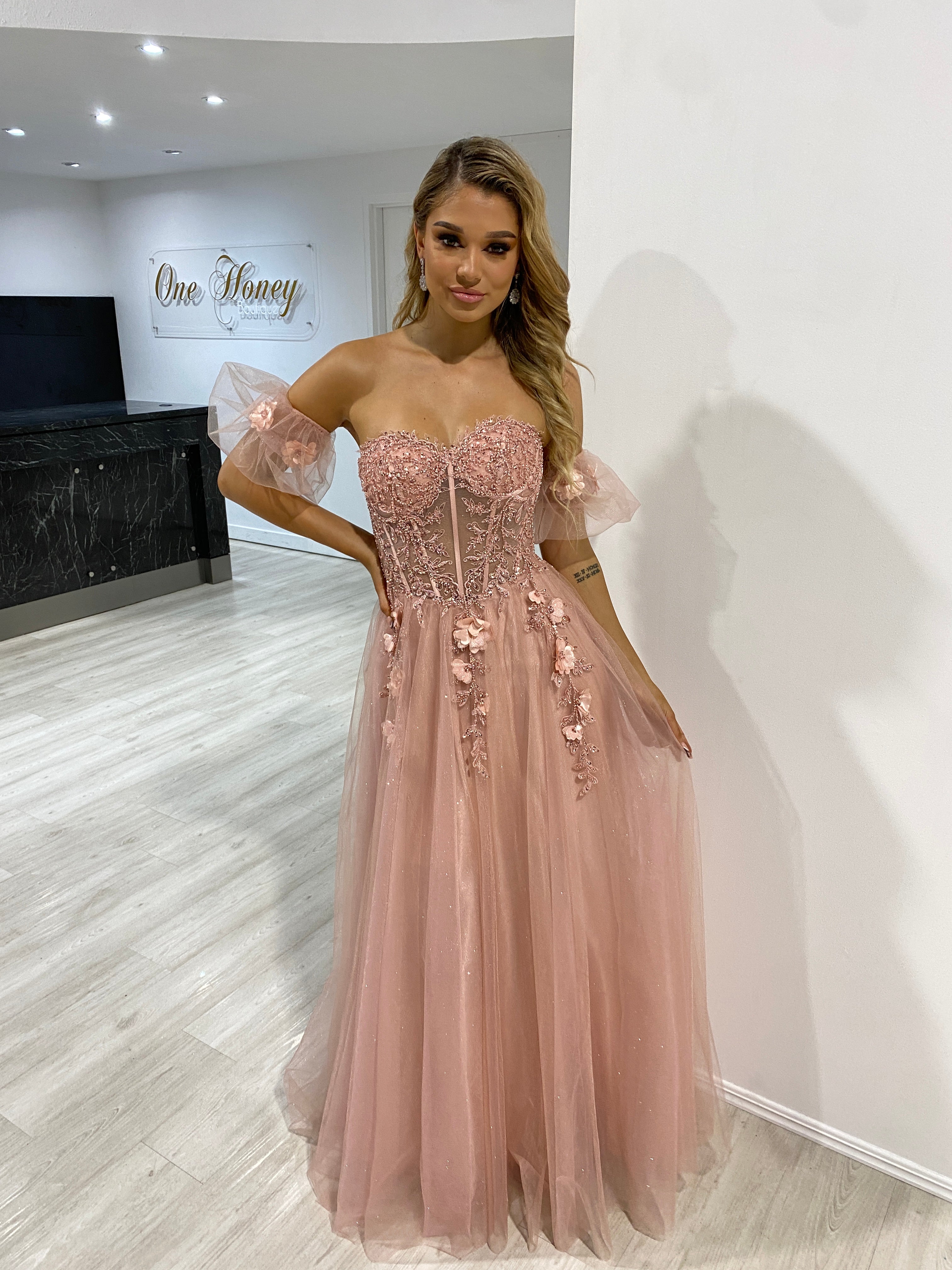 BLOOM romantic tulle formal dress with lace applique and sheer corset bodice, evening gown, Brisbane to Gold Coast, Australia.