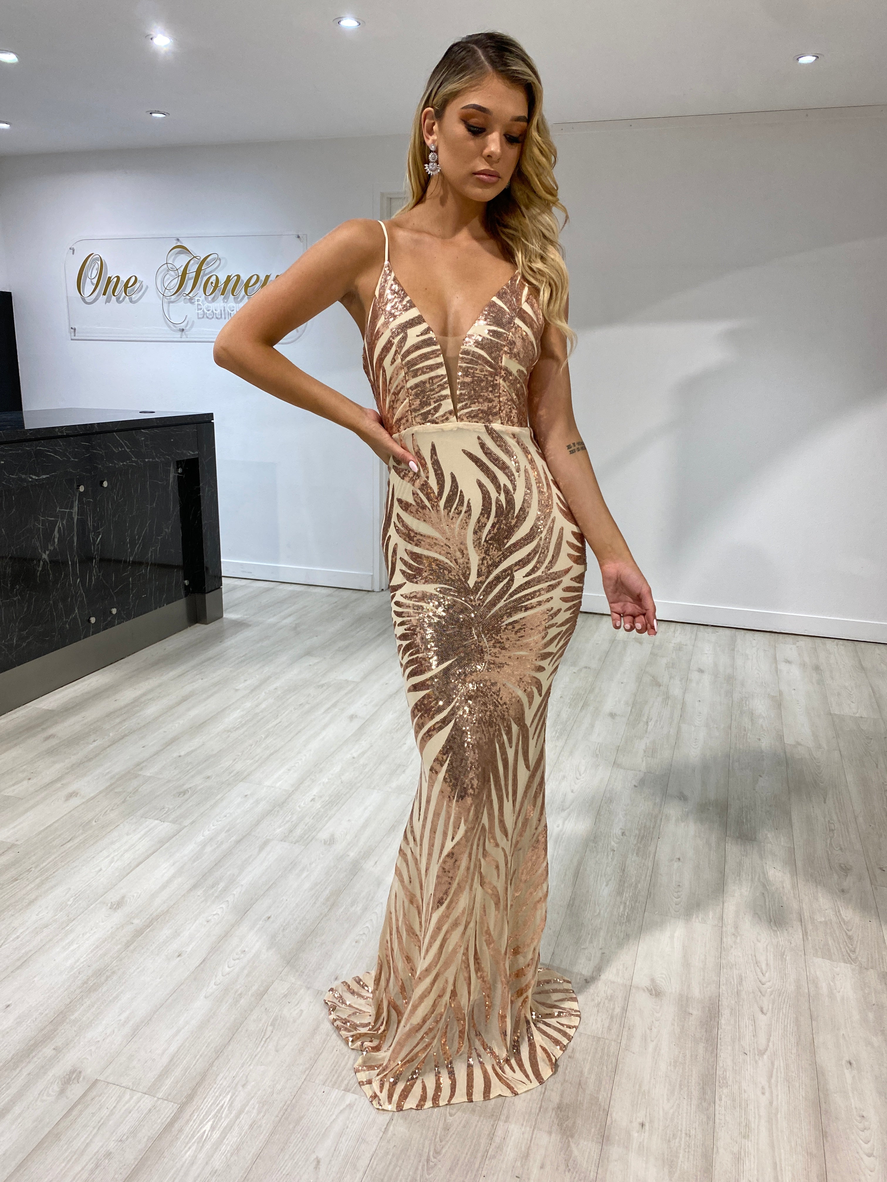 Honey Couture GENENE Rose Gold Sequin Formal Dress with thin straps, designed by Australian Designer. Perfect for prom or evening events.