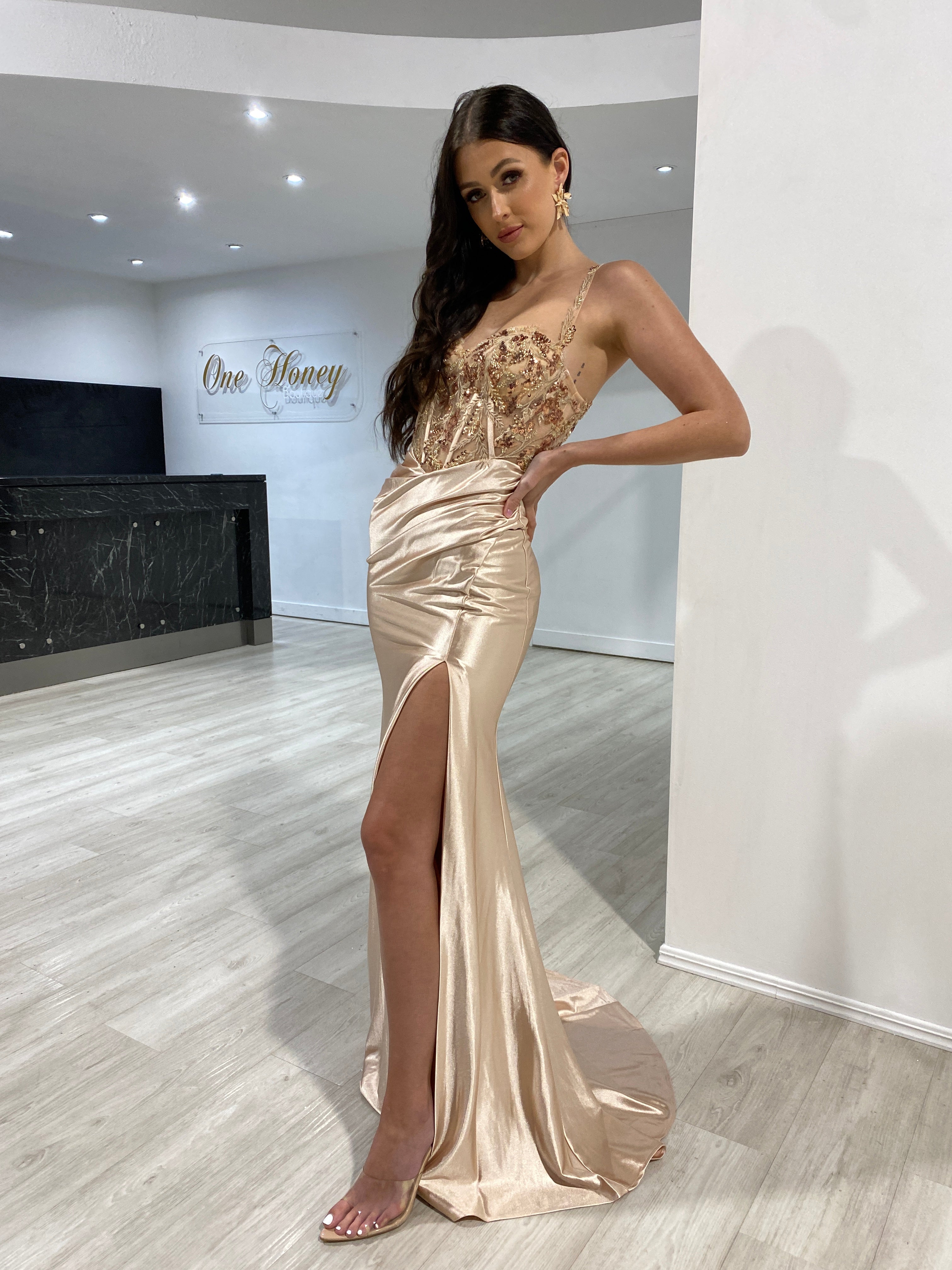 SALMA embellished bustier satin mermaid dress with lace bodice and thigh-high slit, perfect evening gown. Brisbane to Gold Coast