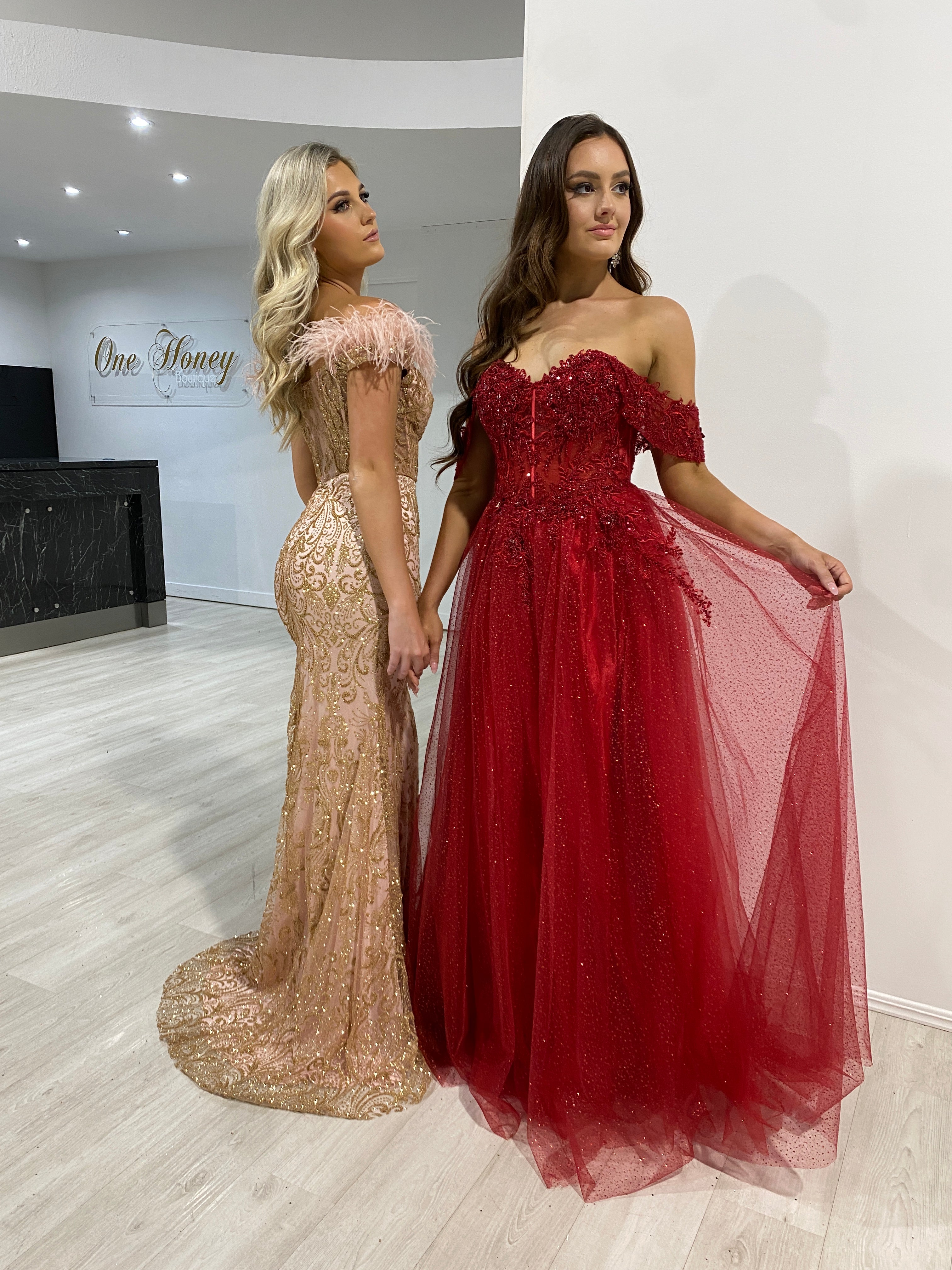 PHOEBE Off the Shoulder Bustier Lace Applique Tulle Formal Dress with glitter tulle skirt, evening gown. Brisbane to Gold Coast.