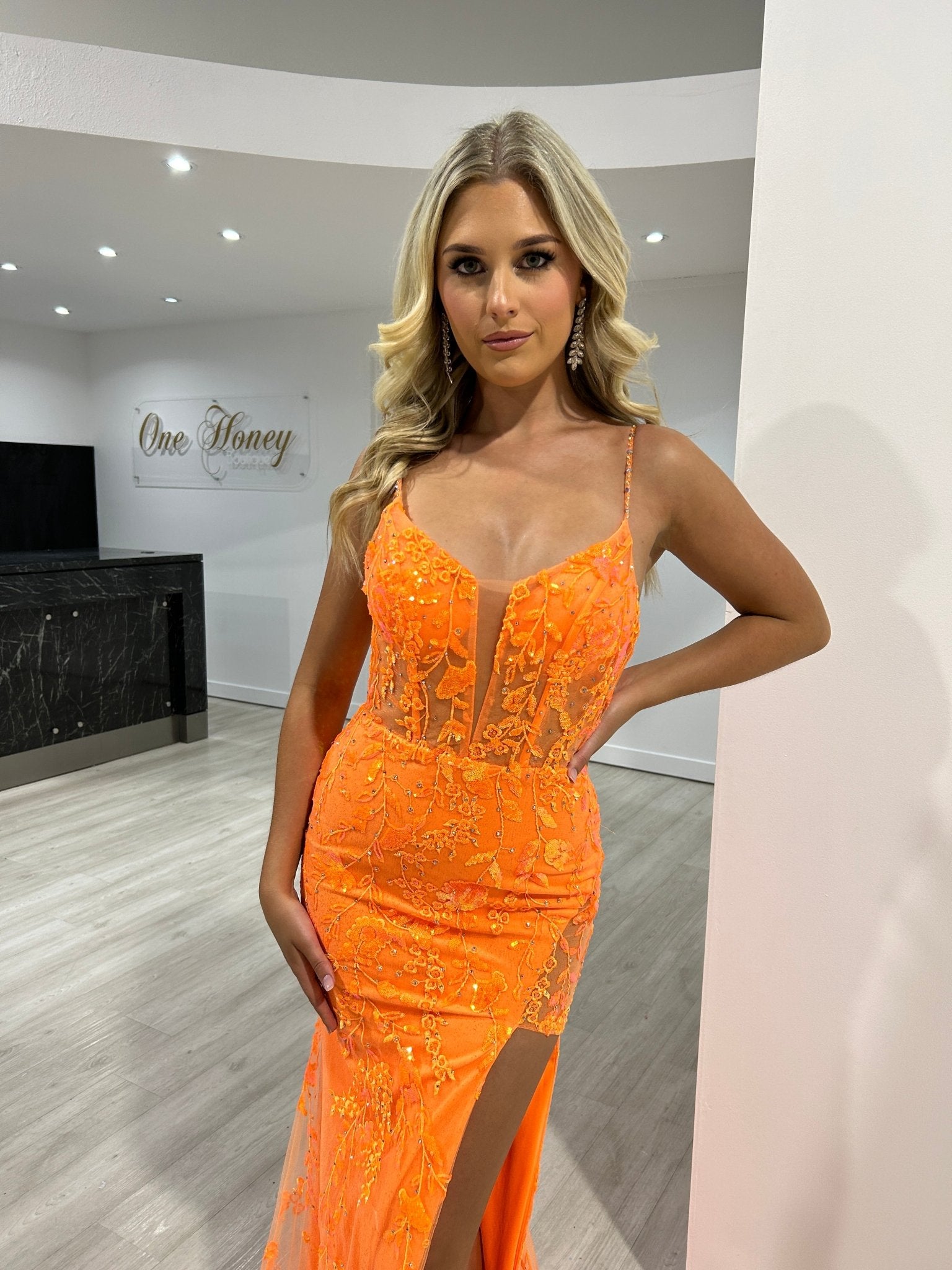 DAKOTA Neon Sequin Lace Applique Leg Split Mermaid Formal Dress in Australia | One Honey Boutique