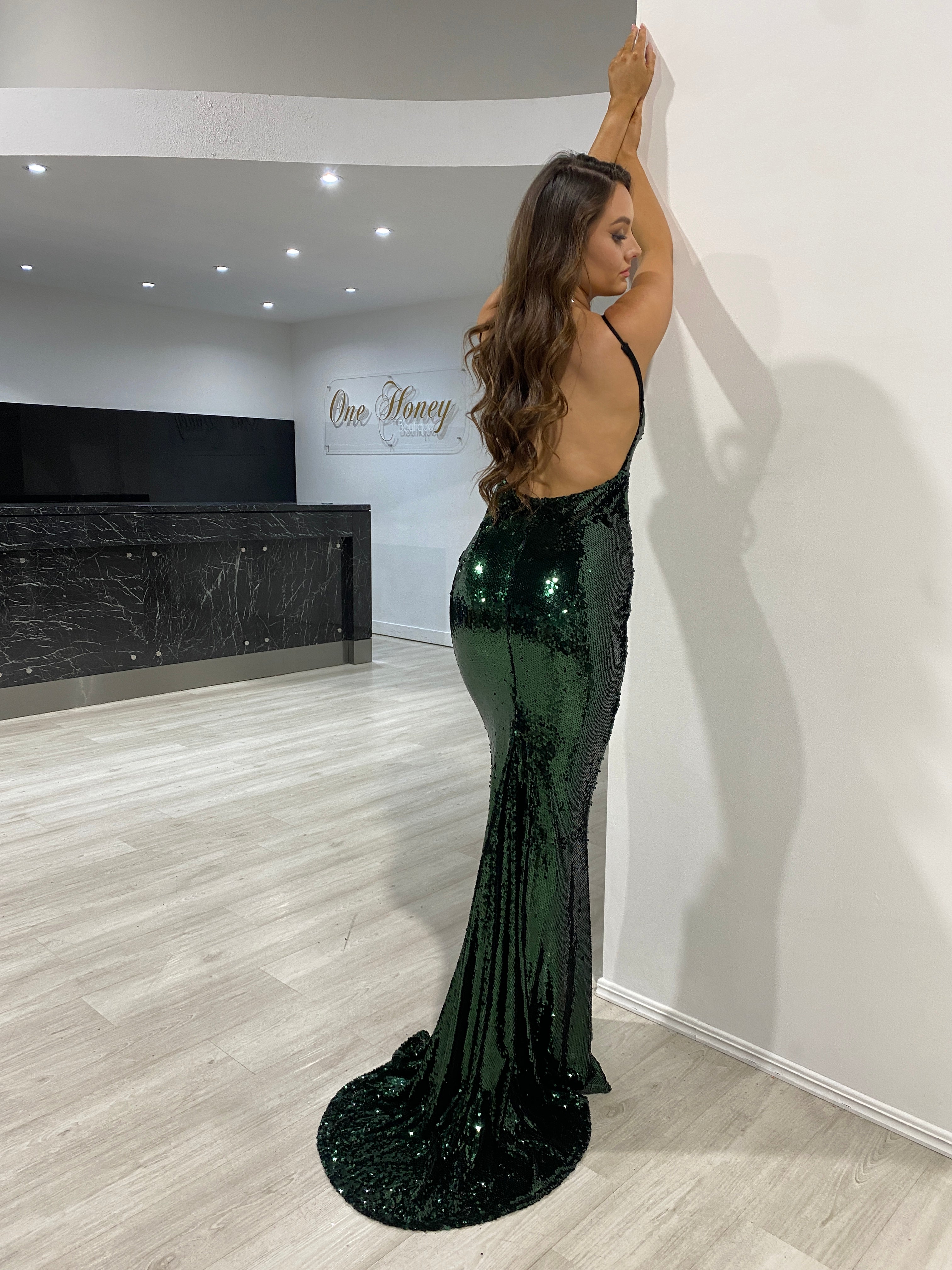 Honey Couture KASIA Emerald Sequin Open Back Mermaid Evening Gown, designed by Australian designer, perfect for proms and special occasions.